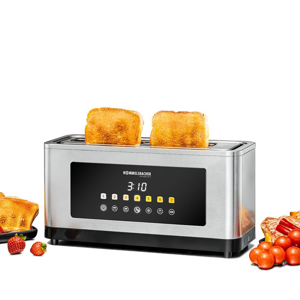 ROMMELSBACHER TOL 1000 automatik Langschlitz-Toaster (Langschlitztoaster, 4 Scheiben, Edelstahl/Kunststoff, schwarz/silber, Br&ouml;tchenaufsatz, Auftaufunktion, Aufw&auml;rmfunktion) 