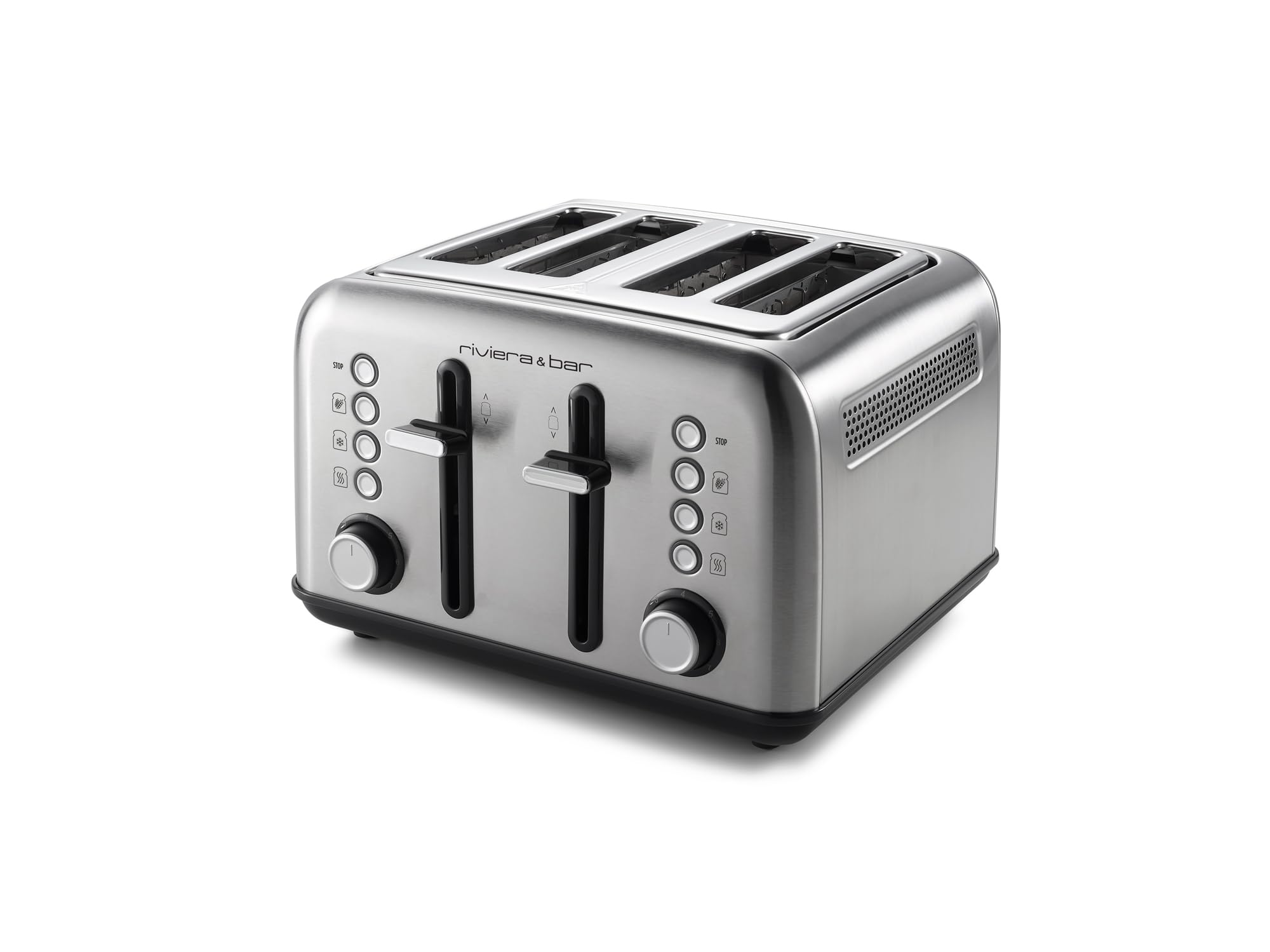 riviera&bar Stainless Steel 4 short slots Toaster (4-Scheiben, Parallelschlitz, Edelstahl geb&uuml;rstet, 1.800 W, 7 Br&auml;unungsstufen, 2 unabh&auml;ngige Bedienfelder, Auftaufunktion, Aufw&auml;rmfunktion, Vollkornfunktion) 