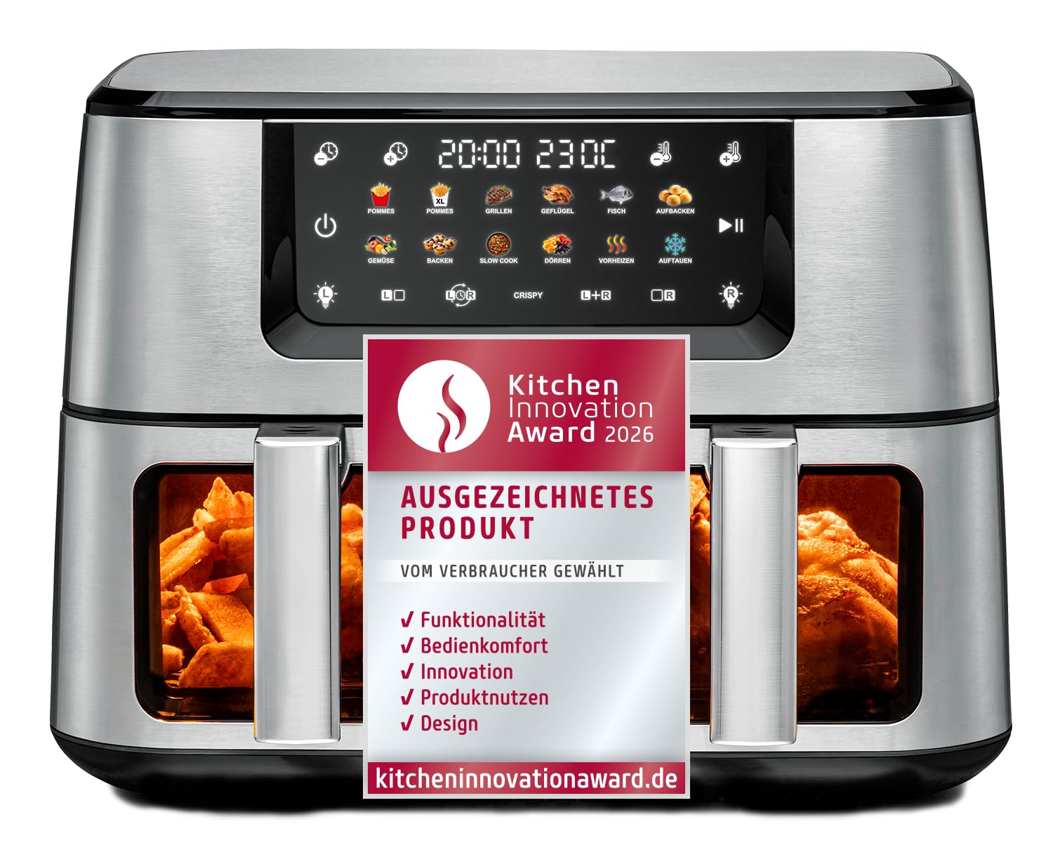 ROMMELSBACHER FRH 2650 Doppel-Hei&szlig;luftfritteuse (11 l Fassungsverm&ouml;gen, 2700 W, 12 Automatikprogramme, LED-Display, Touch Control) 