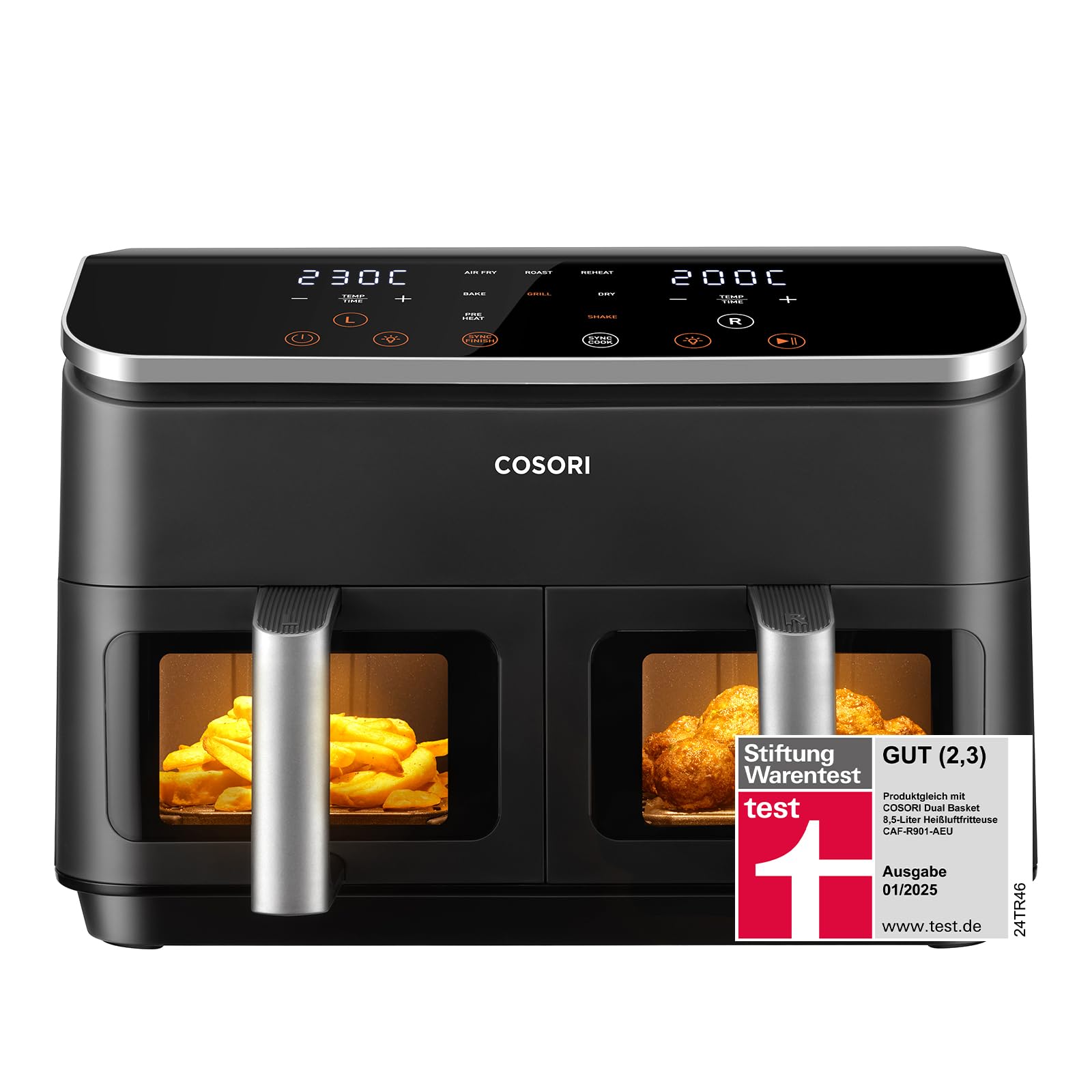 Cosori CAF-R901-AEU Doppel-Hei&szlig;luftfritteuse (8,5 l Fassungsverm&ouml;gen, 1.750 W, Timer, 10 Funktionen, 2 Displays, 2 Zubereitungsk&ouml;rbe, einstellbare Temperatur) 