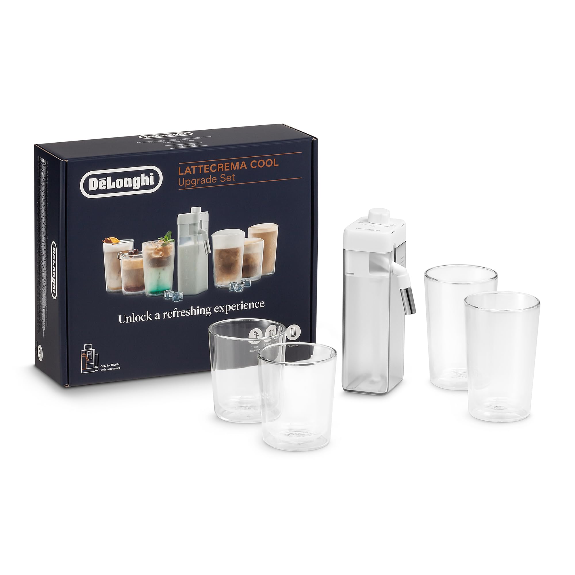 De'Longhi DLSC032 LatteCrema CoolSet (LatteCrema Cool Karaffe, kalter Milchschaum, 4 doppelwandige Thermogl&auml;ser, 2 &times; 400 ml Thermogl&auml;ser DLSC318, 2 &times; 480 ml Thermogl&auml;ser DLSC319) 