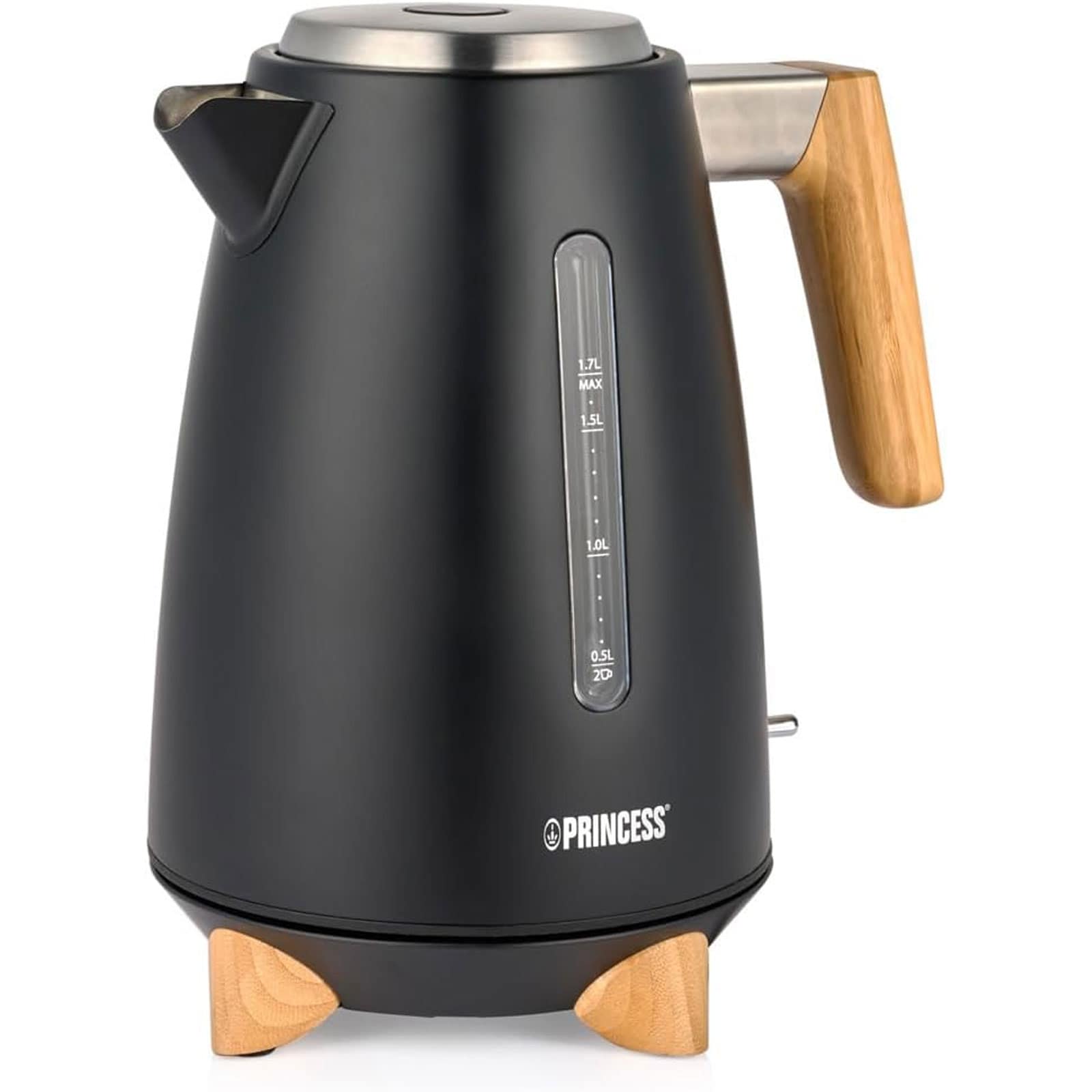 PRINCESS 236061 Pure Wasserkocher (1,7 Liter, 3000 W, Edelstahl, schwarz, kabellos, &Uuml;berhitzungsschutz, Trockengehschutz) 