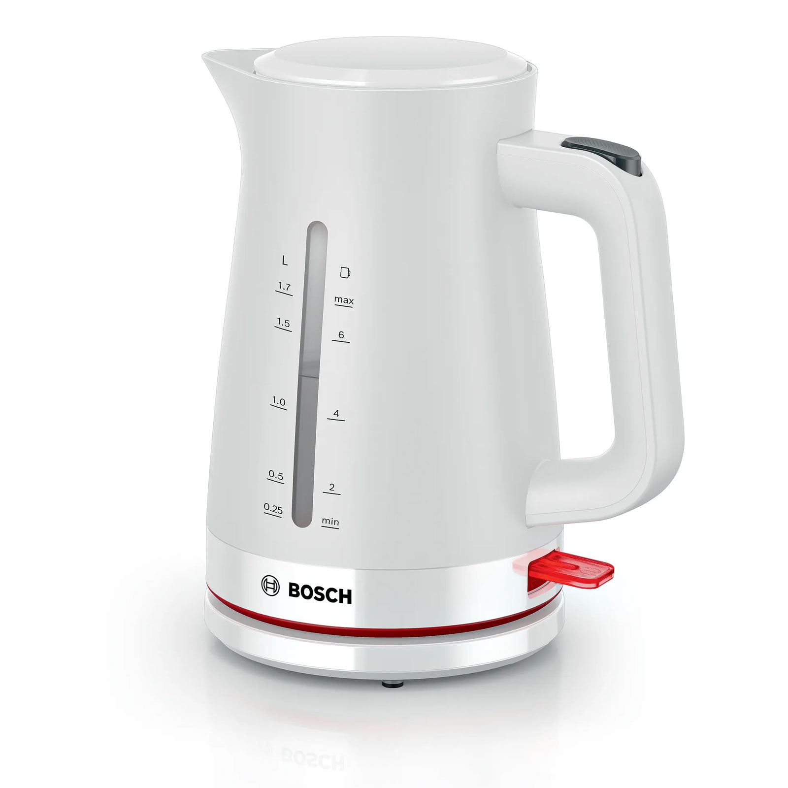 BOSCH TWK3M121 Wasserkocher (1,7 Liter, 2400 W, Kunststoff, Wei&szlig;, kabellos, beidseitige Wasserstandsanzeige) 