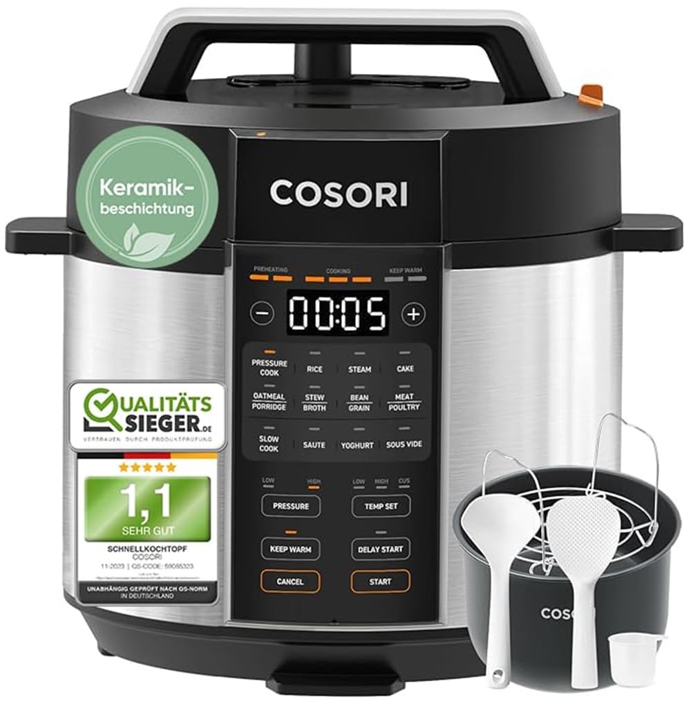 Cosori CMC-CO601-SEU Schnellkochtopf (5,7 Liter Fassungsverm&ouml;gen, Keramik-Antihaftbeschichtung, 13 Garfunktionen, Temperaturbereich 25-180 &ordm;C, Timer) 