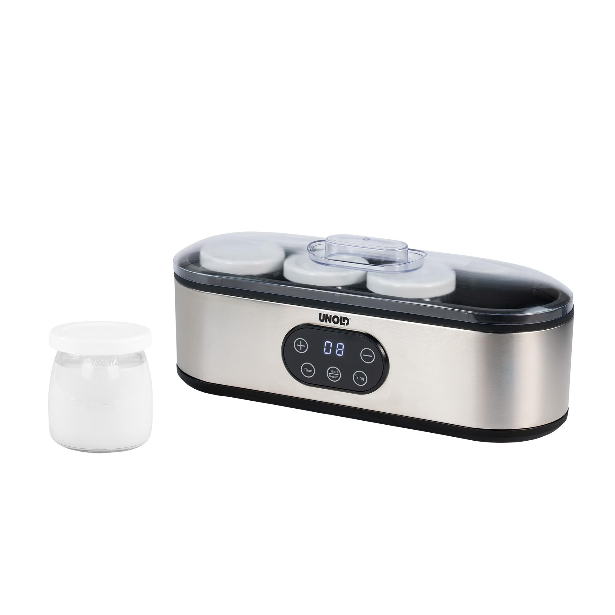 UNOLD Jogi Joghurtbereiter (20-50 &deg;C Temperaturregelung, 1-48 Stunden Timer, 4x 180 ml Glasbeh&auml;lter, Touch-Control-Panel, LED-Anzeige) 