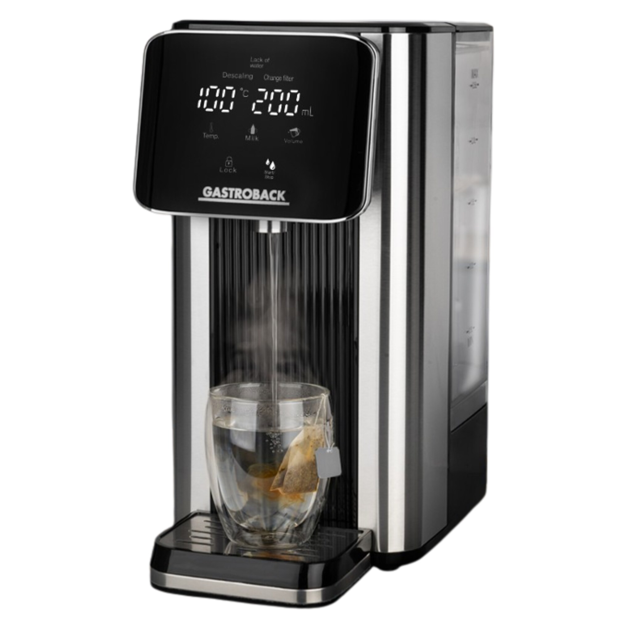 GASTROBACK 42330 Hei&szlig;wasserspender (Edelstahl-Design, Touch-Control, beleuchtetes Display, 7 Temperaturstufen, Raumtemperatur-Ausgabe, 100 - 500 ml Wassermenge) 