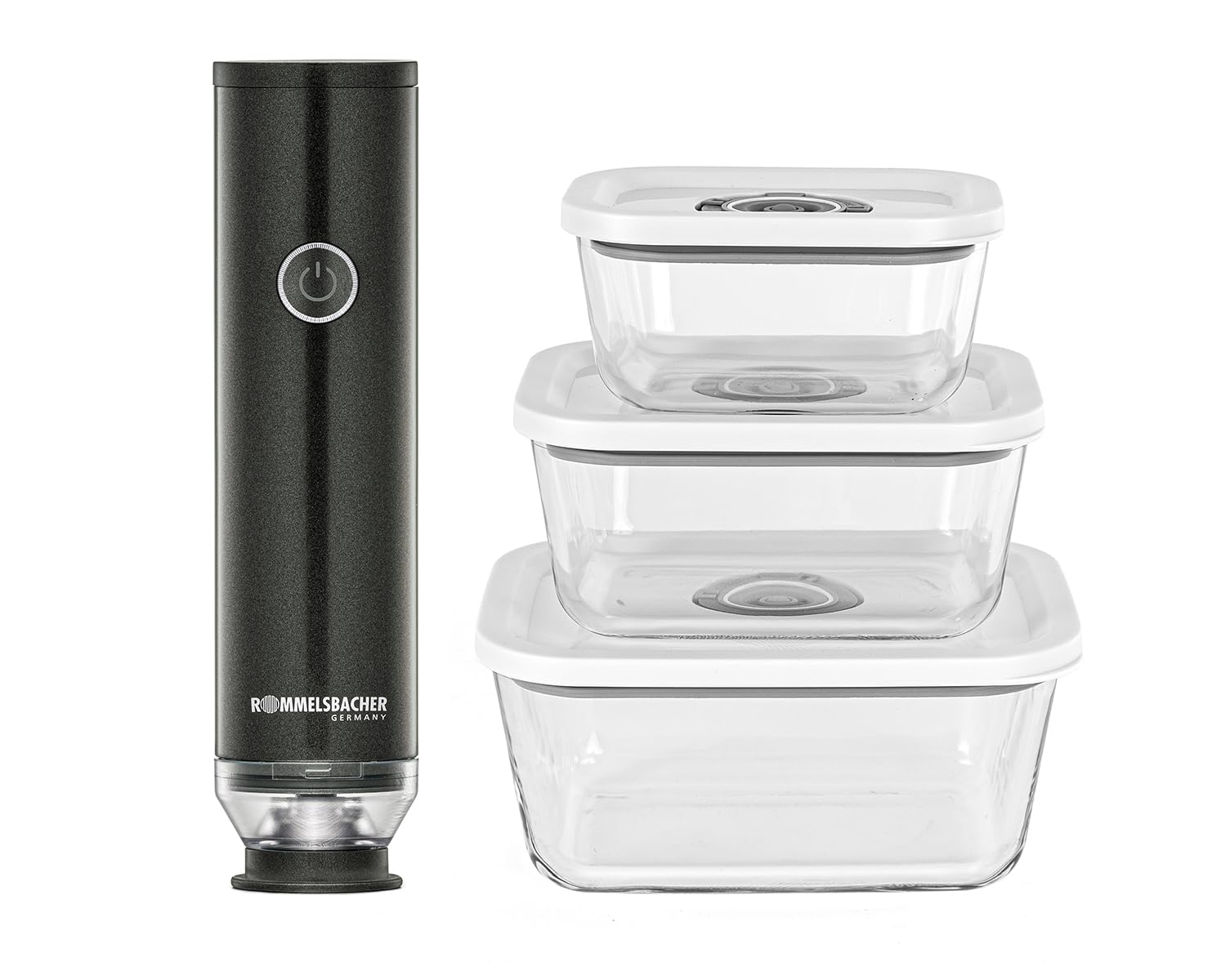ROMMELSBACHER VAC 253/S Hand Vakuumierer Set (3 Glasbeh&auml;lter (350/670/1100 ml), wiederaufladbar (bis 100 Anwendungen), Schnellaufladung 45 min, Vakuum bis -0,5 bar) 