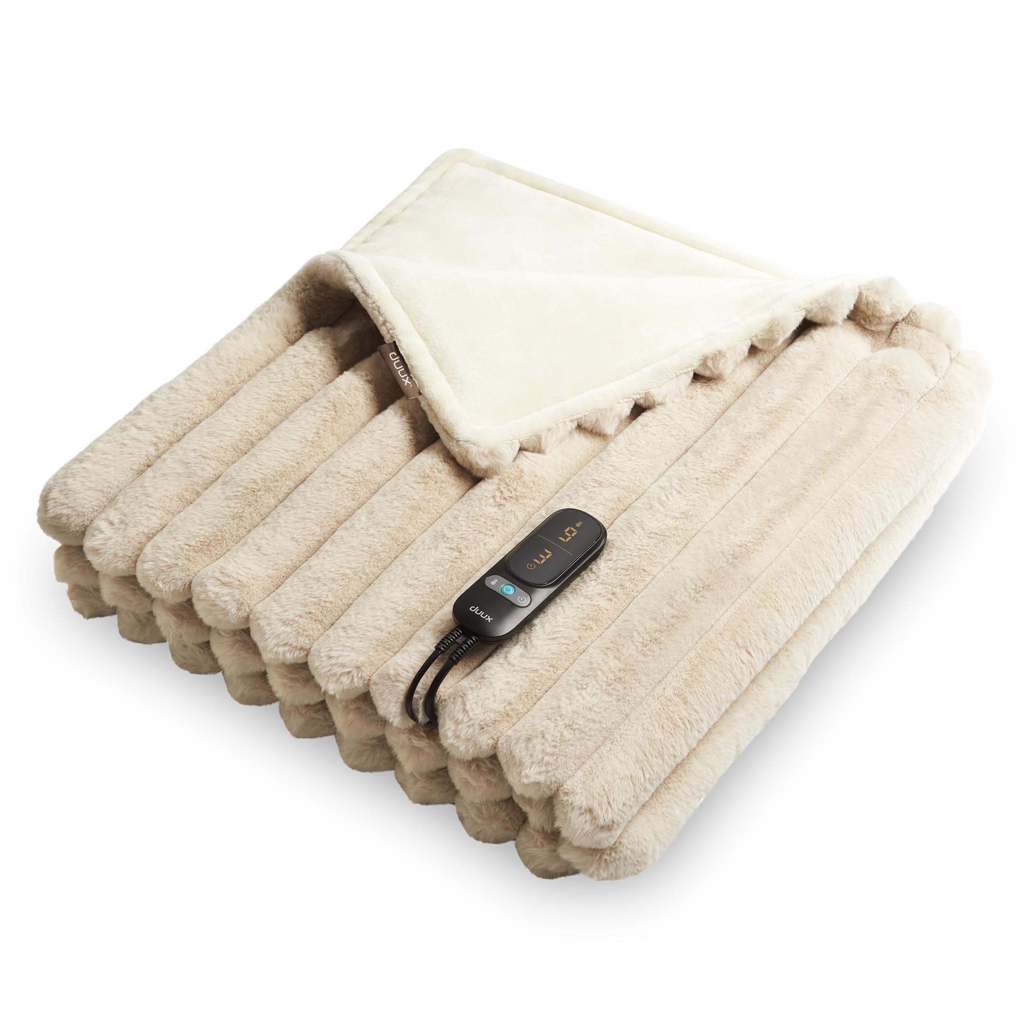 duux Yentl Striped Beige Heizdecke (9 Heizstufen, 160 Watt, 1-9 Stunden Timer, Maschinenw&auml;sche bei 30 &deg;C, &Uuml;berhitzungsschutz, Kunstfelloberfl&auml;che, 200 x 200 cm) 