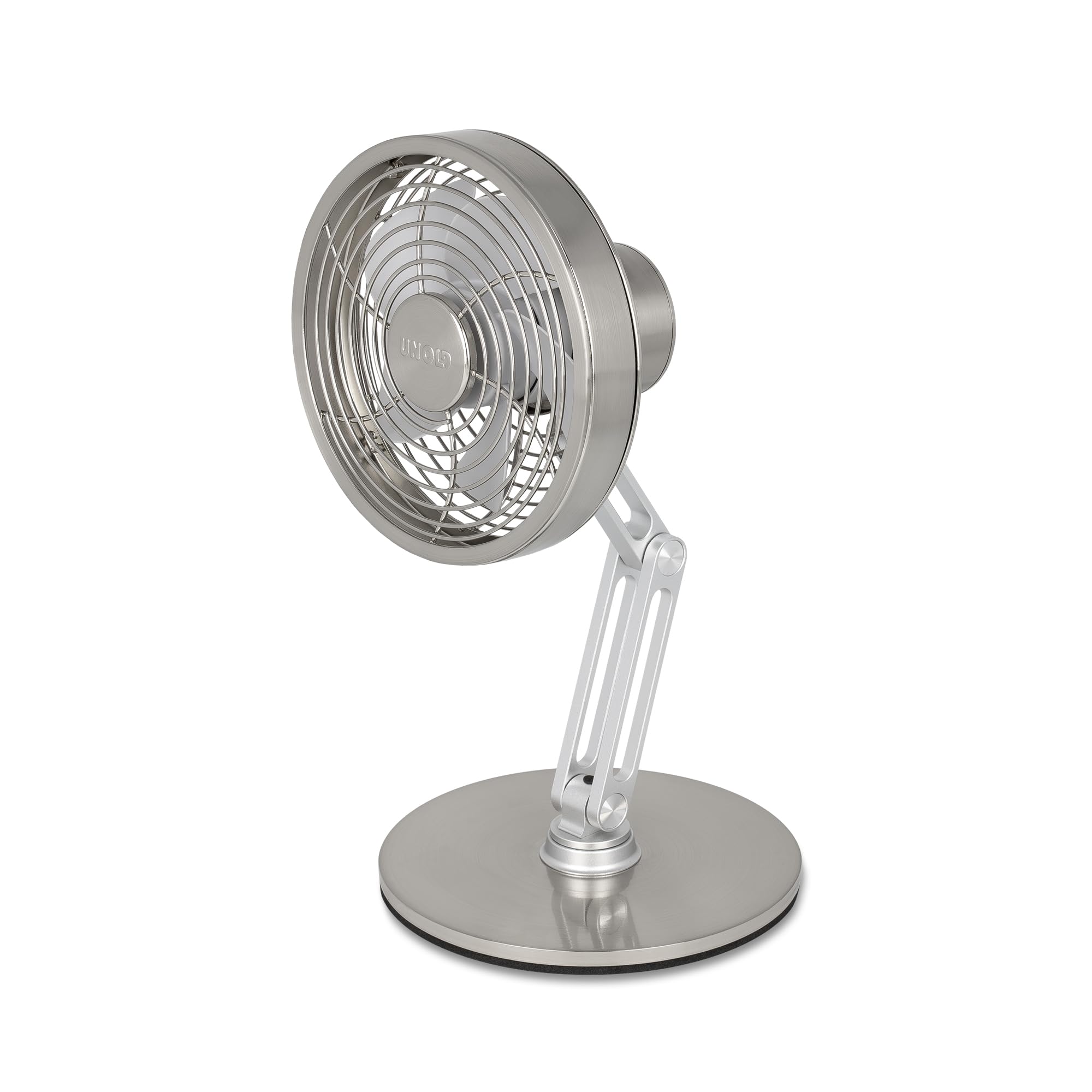 UNOLD Steel Flex 86705 Akku Tischventilator (Akkubetriebener Edelstahl-Ventilator, verstellbarer Gelenkfu&szlig;/Neigungswinkel, 360&deg; mechanisch drehbarer Aluminium-Fu&szlig;, Durchmesser ca. 14 cm, 3 Geschwindigkeitsstufen, H&ouml;he ca. 29,8 cm, inkl. 1 USB-C-Kabel, ohne 