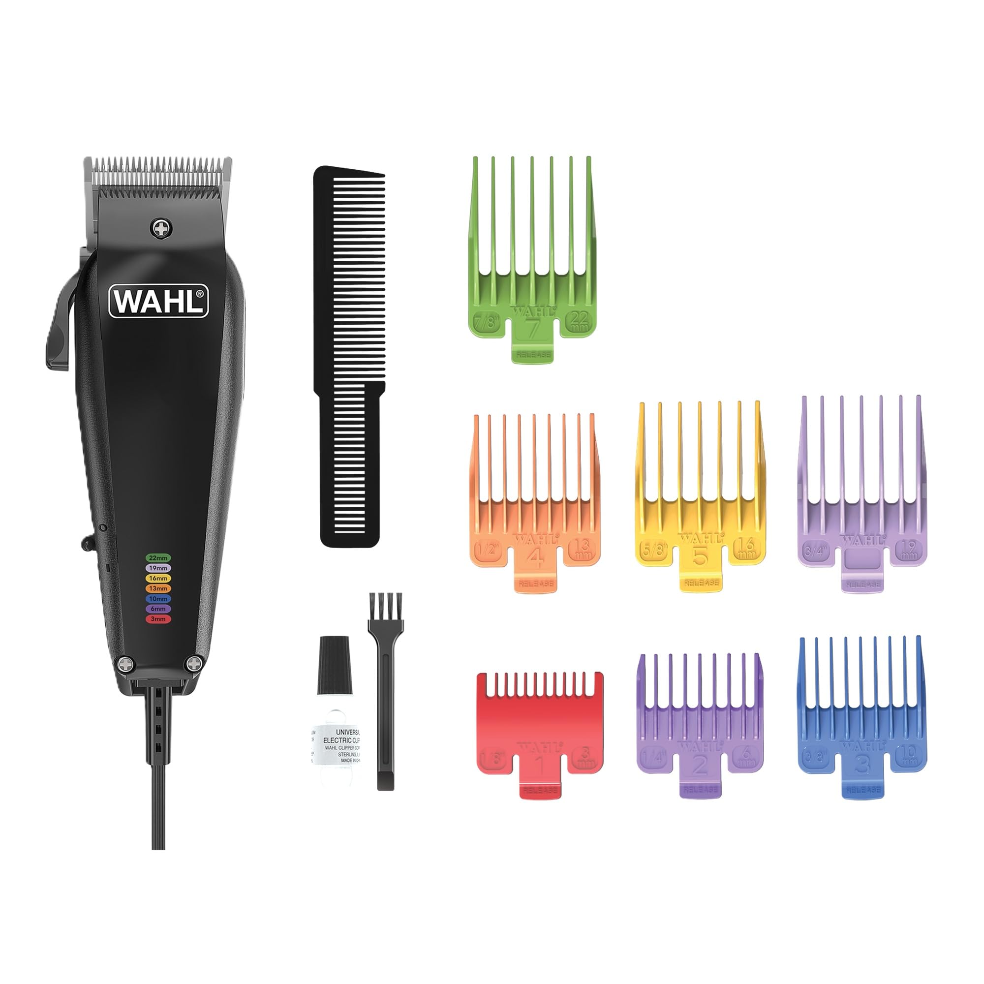 WAHL Multi Cut 3027683 Tierhaarschneider (Kabelgebunden, f&uuml;r kleine bis mittelgro&szlig;e Haustiere, verstellbarer Taper mit 3 Schnittl&auml;ngen (0,8/1,5/1,8mm), Schnittbreite 40 mm, 7 farbcodierte Aufsteckk&auml;mme (3, 6, 10, 13, 16, 19, 22 mm), Kabell&auml;nge 2,4 m, oszil 