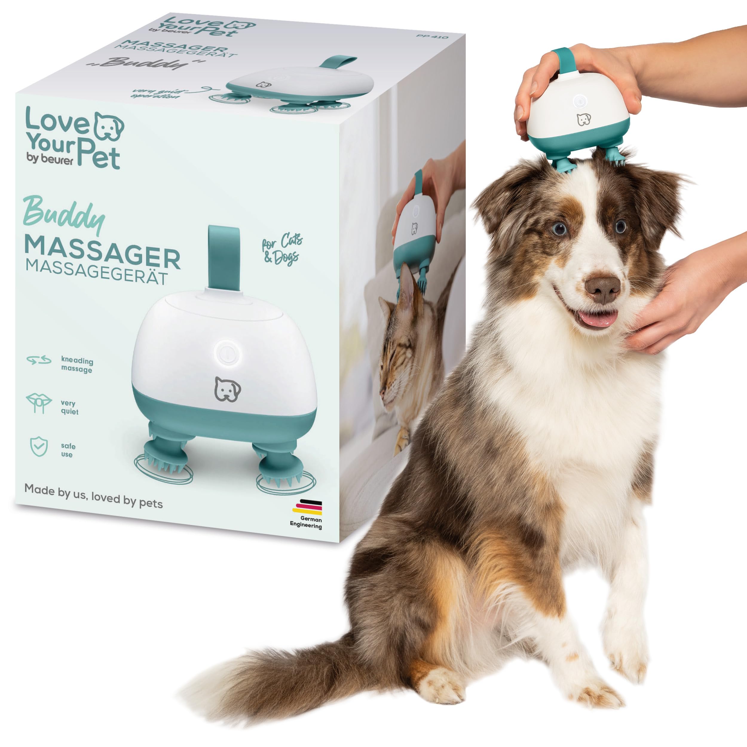 Beurer PP 410 Buddy Massageger&auml;t (Knetmassage, 4 rotierende Silikon-Massageaufs&auml;tze, 2 Geschwindigkeitsstufen, bis zu 165 Minuten Akkubetrieb, On/Off LED Knopf, Ergonomische Form, inkl. USB-C-Kabel) 