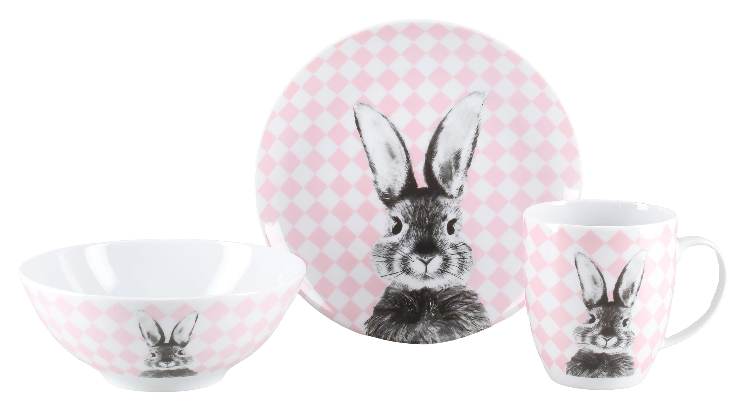 CreaTable 25217 Serie Happy Bunny Rosa 3-tlg Oster-Geschirrset aus Porzellan 