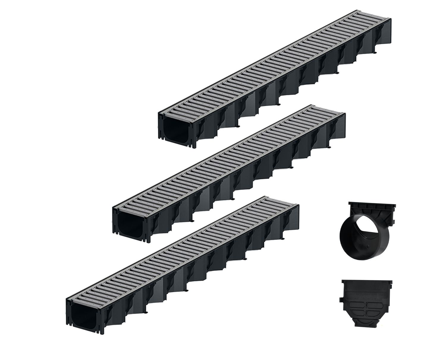 3x1m ACO Self&reg; Hexaline 2.0 Entw&auml;sserungsrinne Stegrost Stahl verzinkt + Ablauf Horizontal 