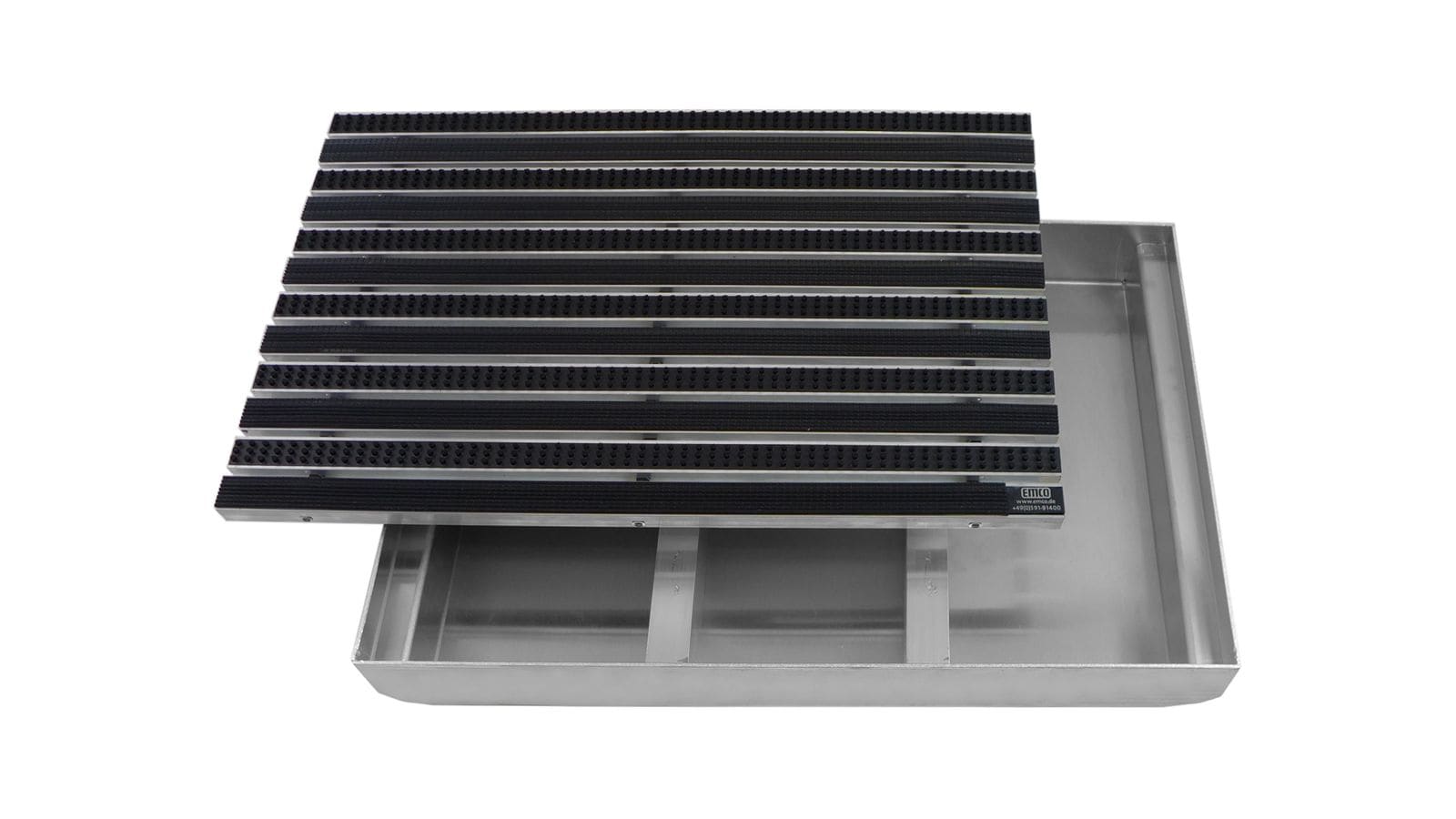 Emco Eingangsmatte DIPLOMAT + Bodenwanne 75mm Aluminium | 100x50cm | Gummi Schwarz + B&uuml;rsten Schwarz 