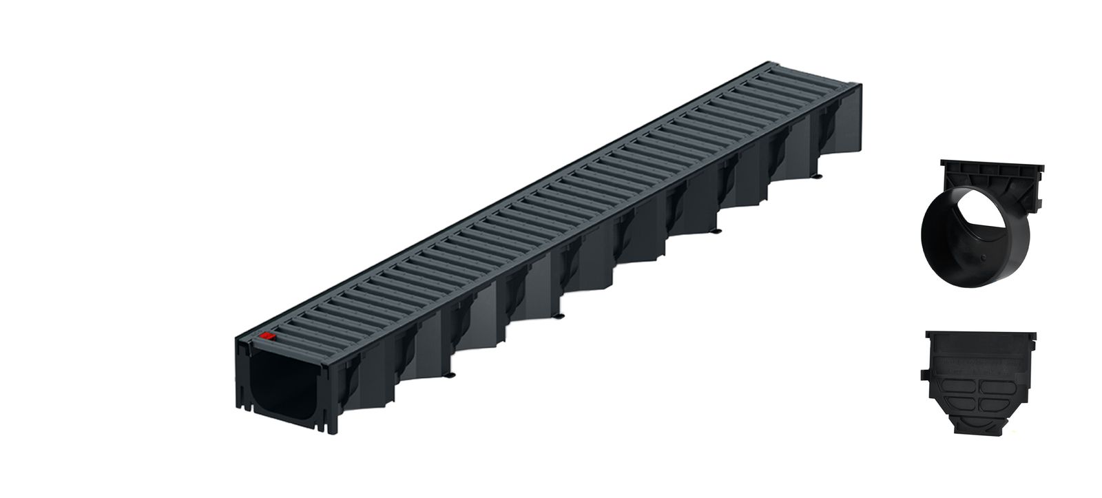 1m ACO Self&reg; Hexaline 2.0 Entw&auml;sserungsrinne mit Stegrost Stahl verzinkt, anthrazit pulverbeschichtet + Ablauf Horizontal 