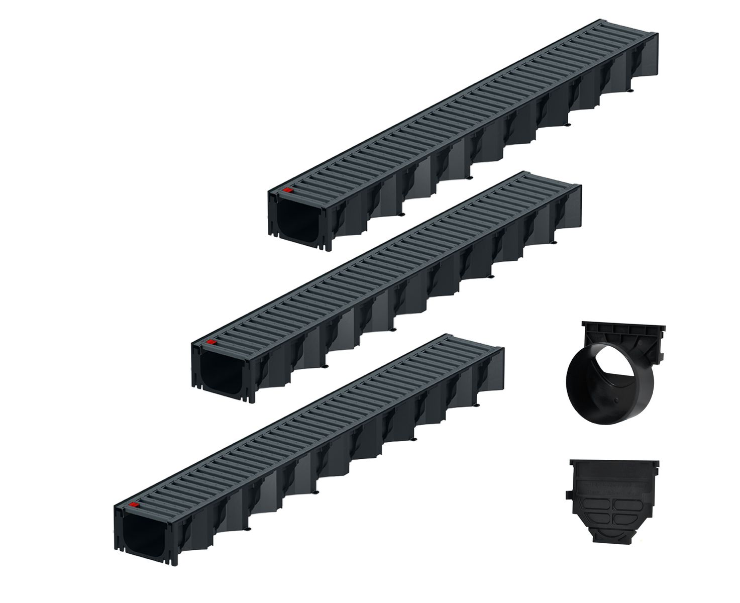 3x1m ACO Self&reg; Hexaline 2.0 Entw&auml;sserungsrinne mit Stegrost Stahl verzinkt, anthrazit pulverbeschichtet + Ablauf Horizontal 