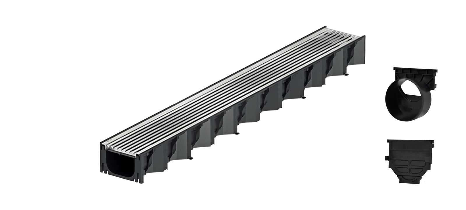 1m ACO Self&reg; Hexaline 2.0 Entw&auml;sserungsrinne mit Edelstahl L&auml;ngsstab Stegrost+ Ablauf Horizontal 