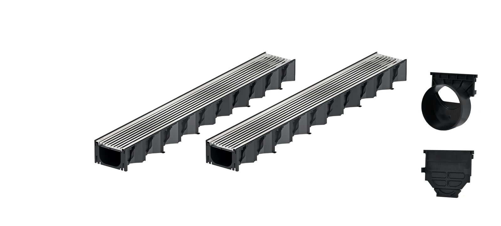 2x1m ACO Self&reg; Hexaline 2.0 Entw&auml;sserungsrinne mit Edelstahl L&auml;ngsstab Stegrost+ Ablauf Horizontal 