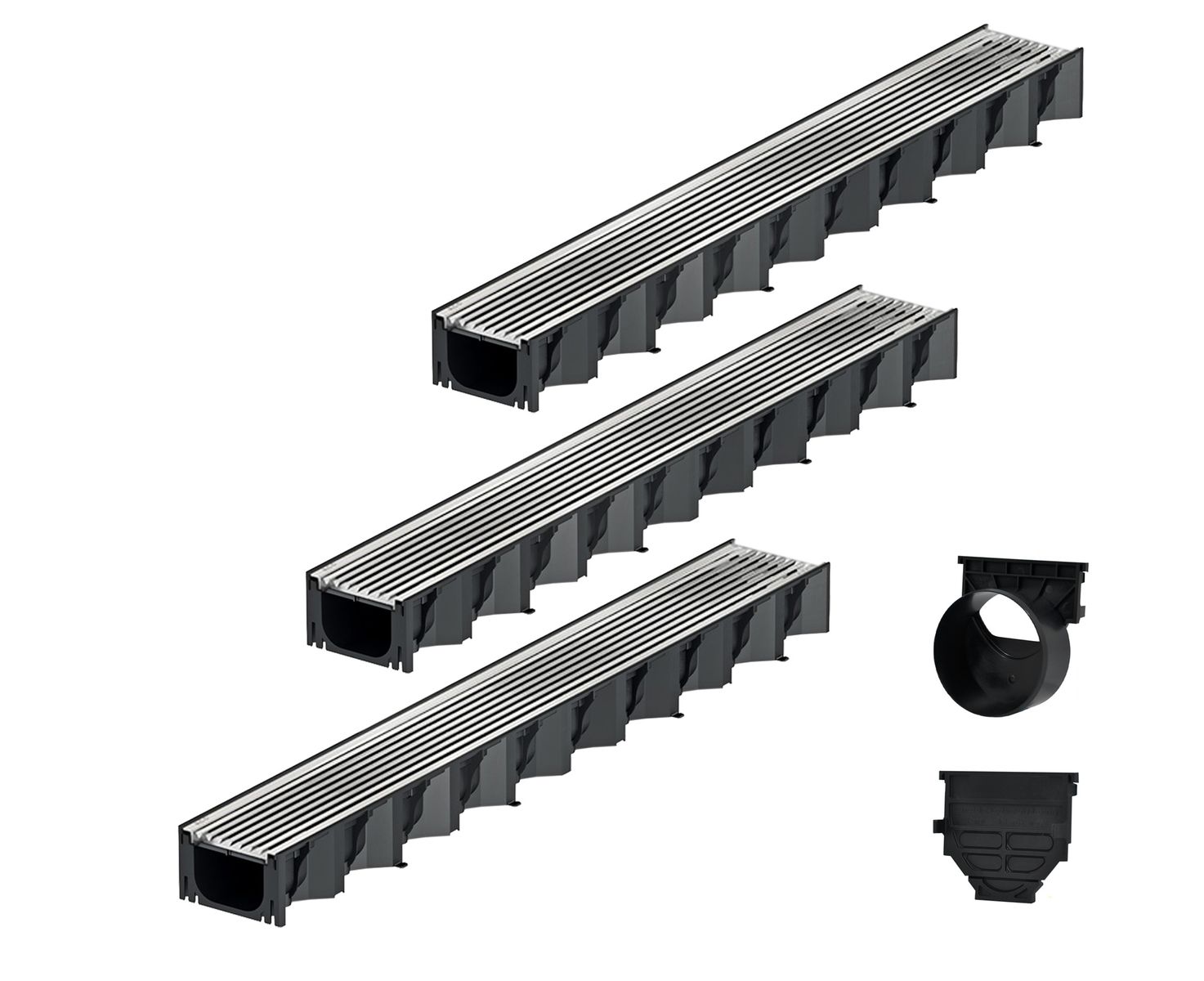 3x1m ACO Self&reg; Hexaline 2.0 Entw&auml;sserungsrinne mit Edelstahl L&auml;ngsstab Stegrost+ Ablauf Horizontal 