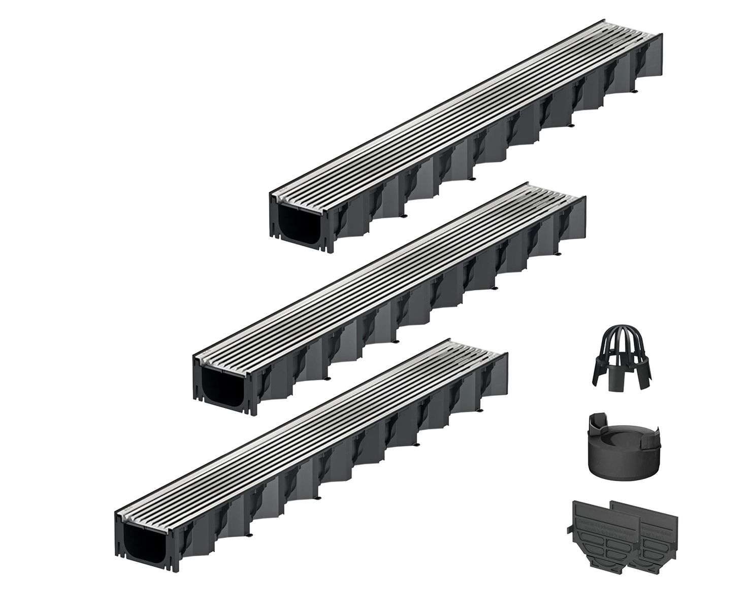3x1m ACO Self&reg; Hexaline 2.0 Entw&auml;sserungsrinne mit Stegrost L&auml;ngststab Edelstahl + Ablauf Vertikal 
