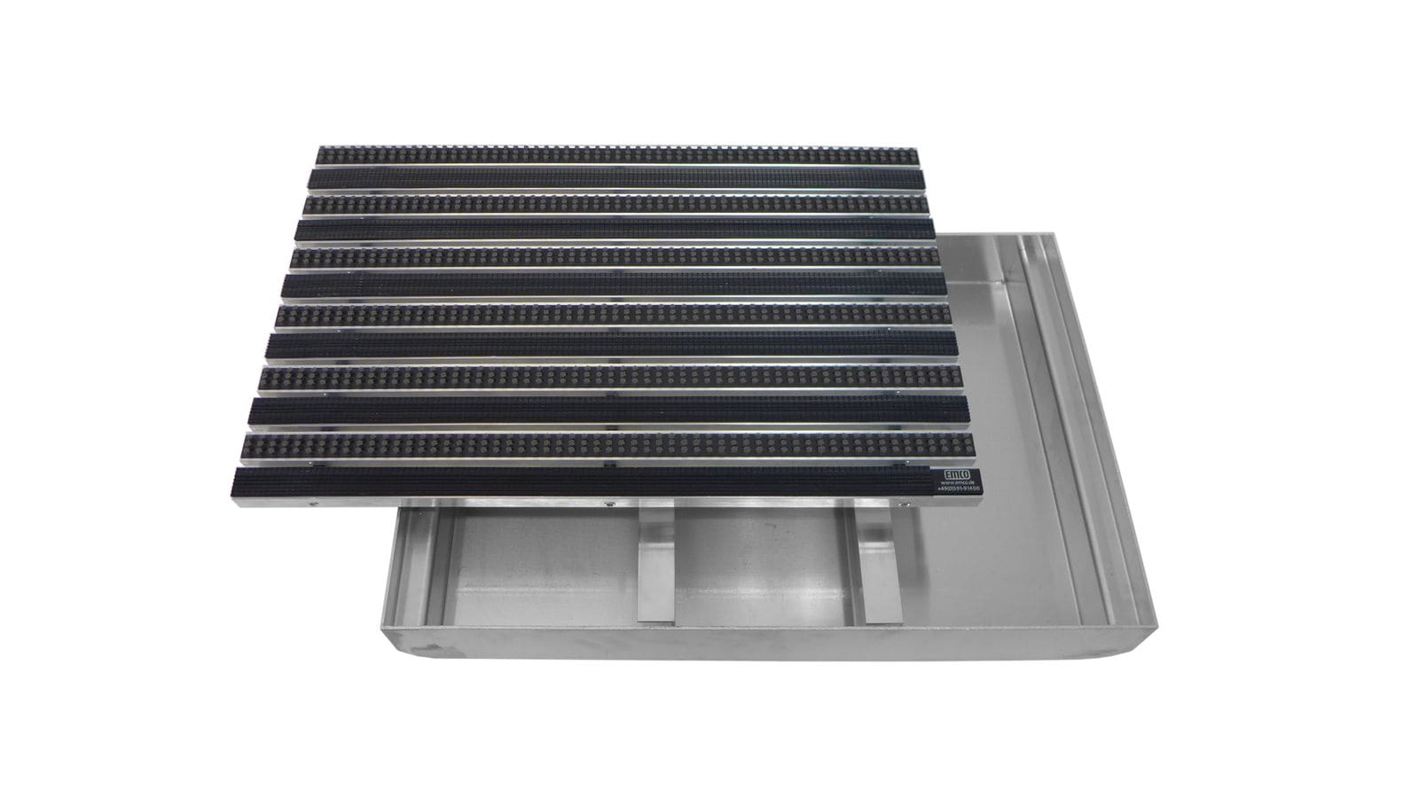 Emco Eingangsmatte DIPLOMAT + Bodenwanne 75mm Aluminium | 100x50cm | Gummi Schwarz + B&uuml;rsten Grau 