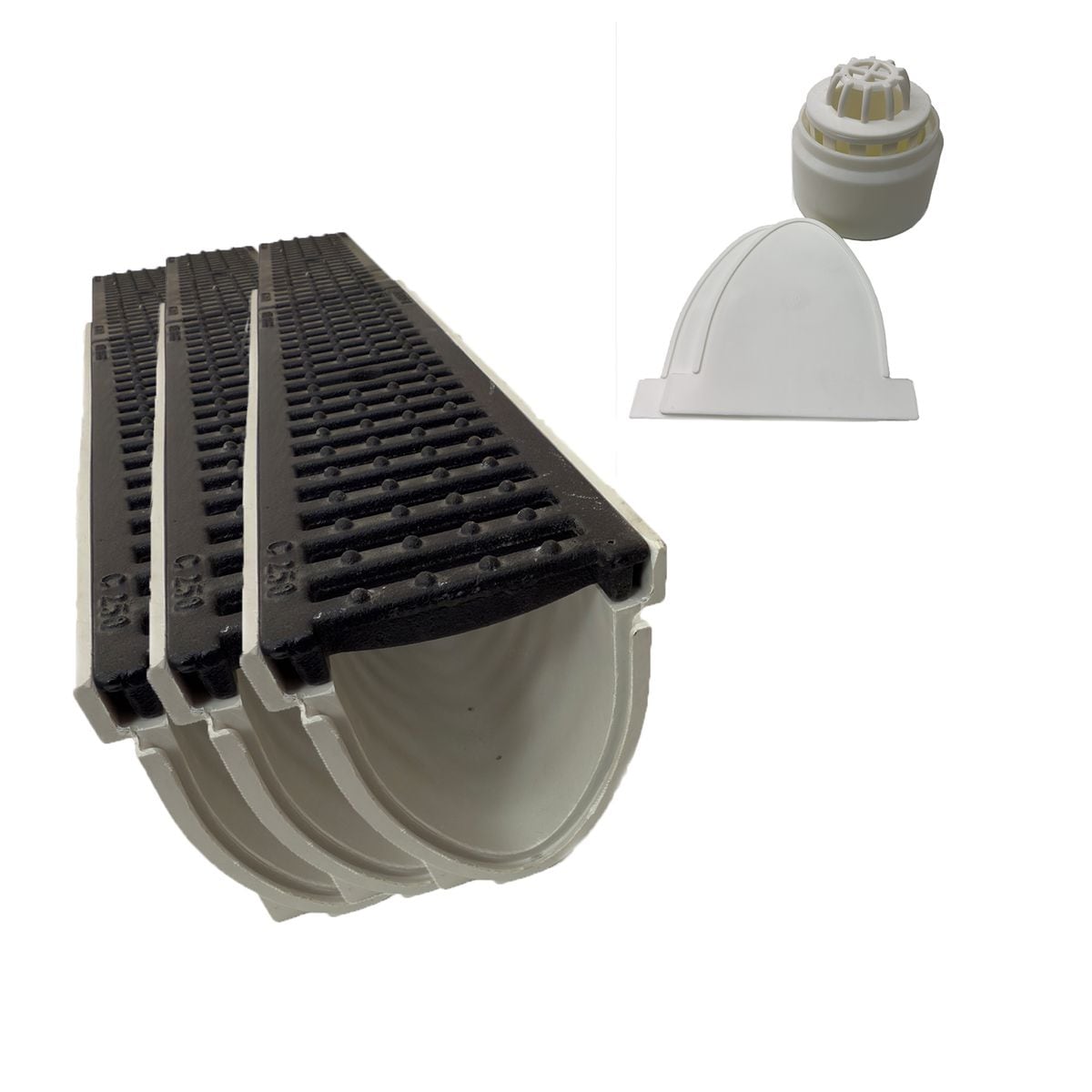 3x Xanie Entw&auml;sserungsrinne V mit Gu&szlig;rost Klasse C 100cm + Ablaufanschluss-Set vertikal 
