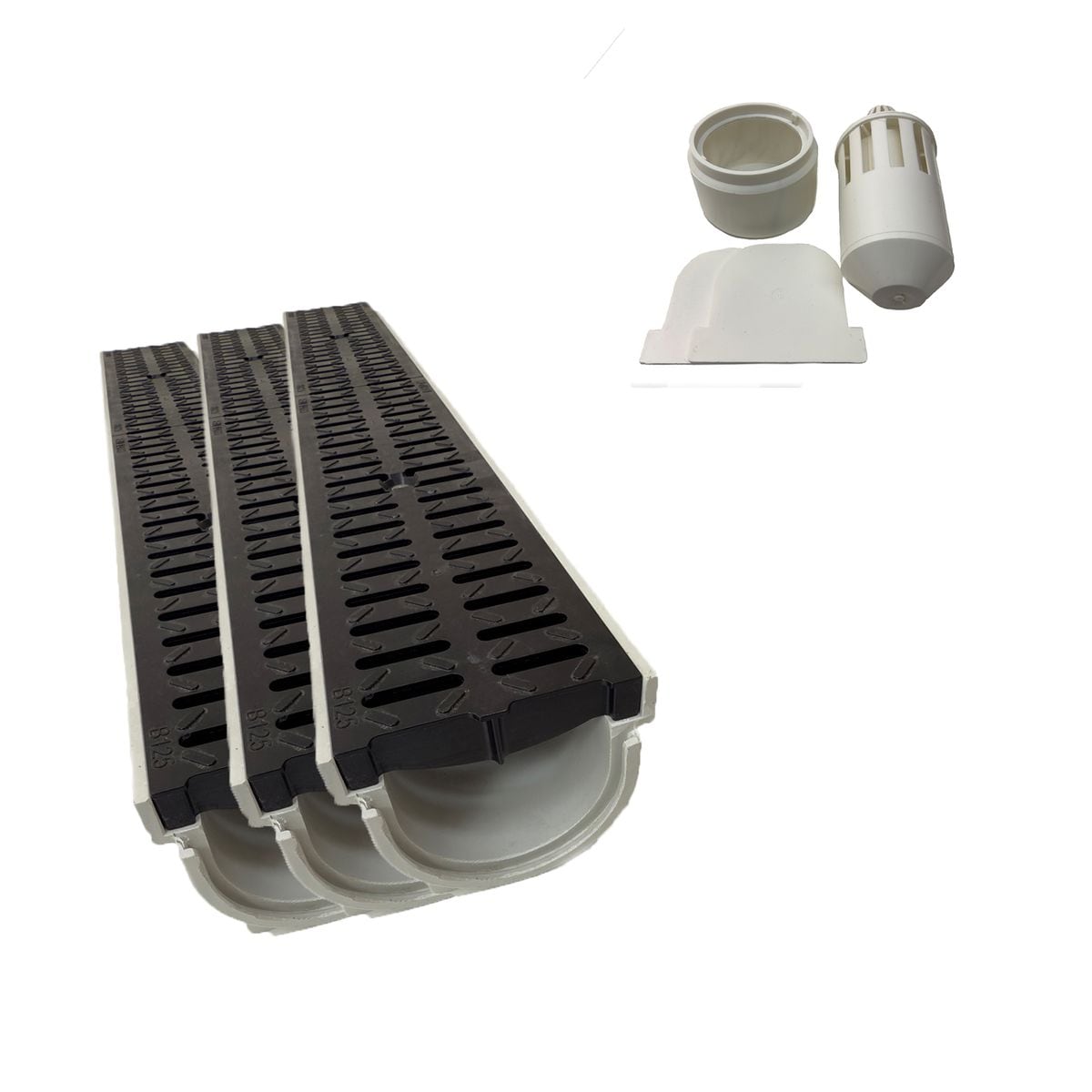 3x Xanie Entw&auml;sserungsrinne mit Kunststoffrost Klasse B 100cm + Ablaufanschluss-Set vertikal 