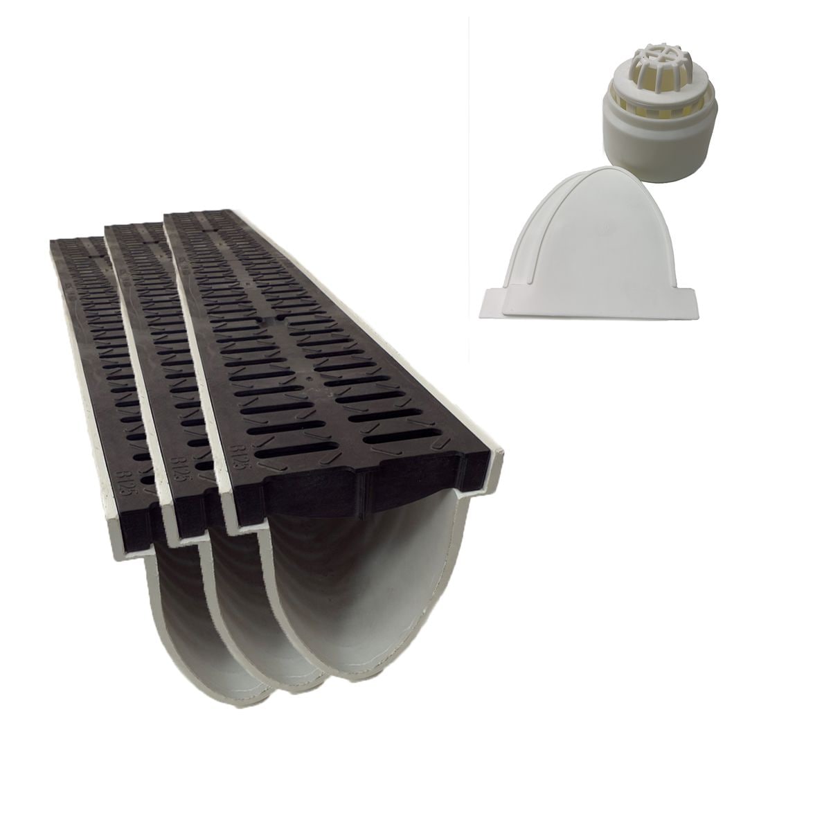 3x Xanie Entw&auml;sserungsrinne V Kunststoffrost Klasse B 100cm + Ablaufanschluss-Set vertikal 