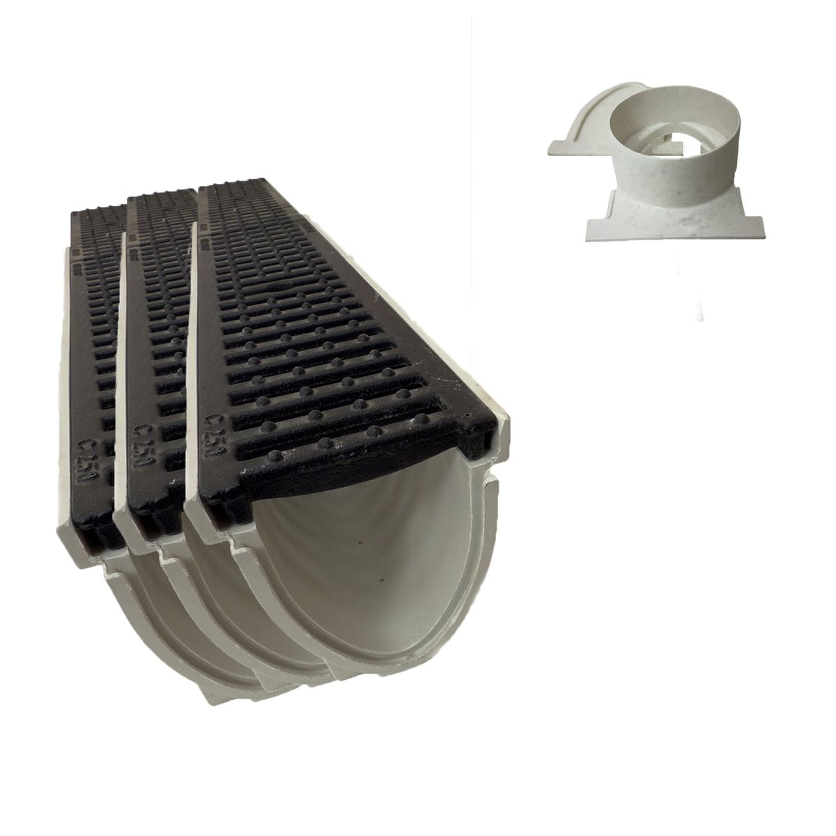 3x Xanie Entw&auml;sserungsrinne V Kunststoffrost Klasse B 100cm + Ablaufanschluss-Set horizontal 