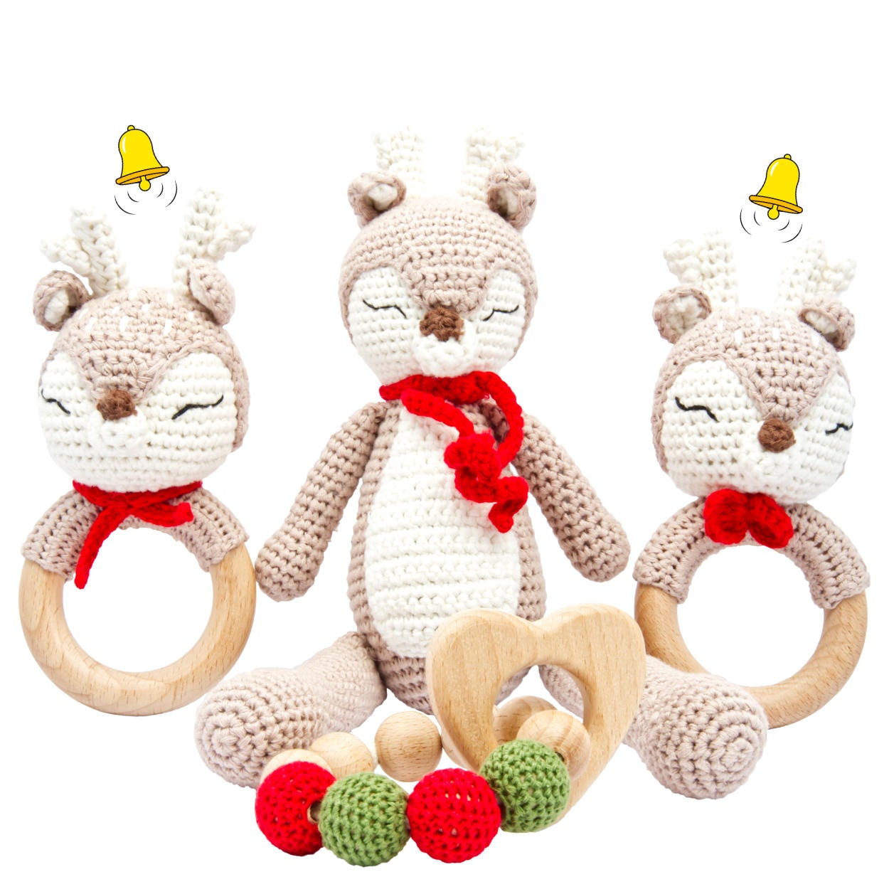 miniHeld Handgestricktes Reh Ivy Set Babyrassel Holzspielzeug und Baumwolle 