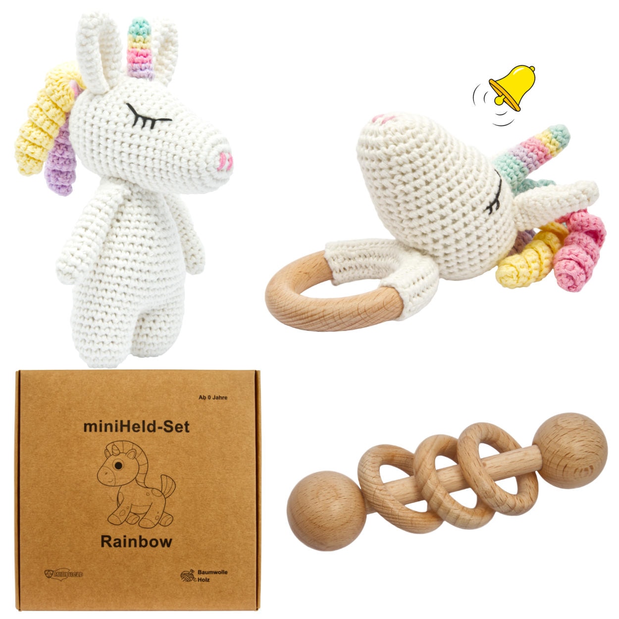 miniHeld Handgestricktes Einhorn Rainbow Set Babyrassel Holz Baumwolle 16 cm 