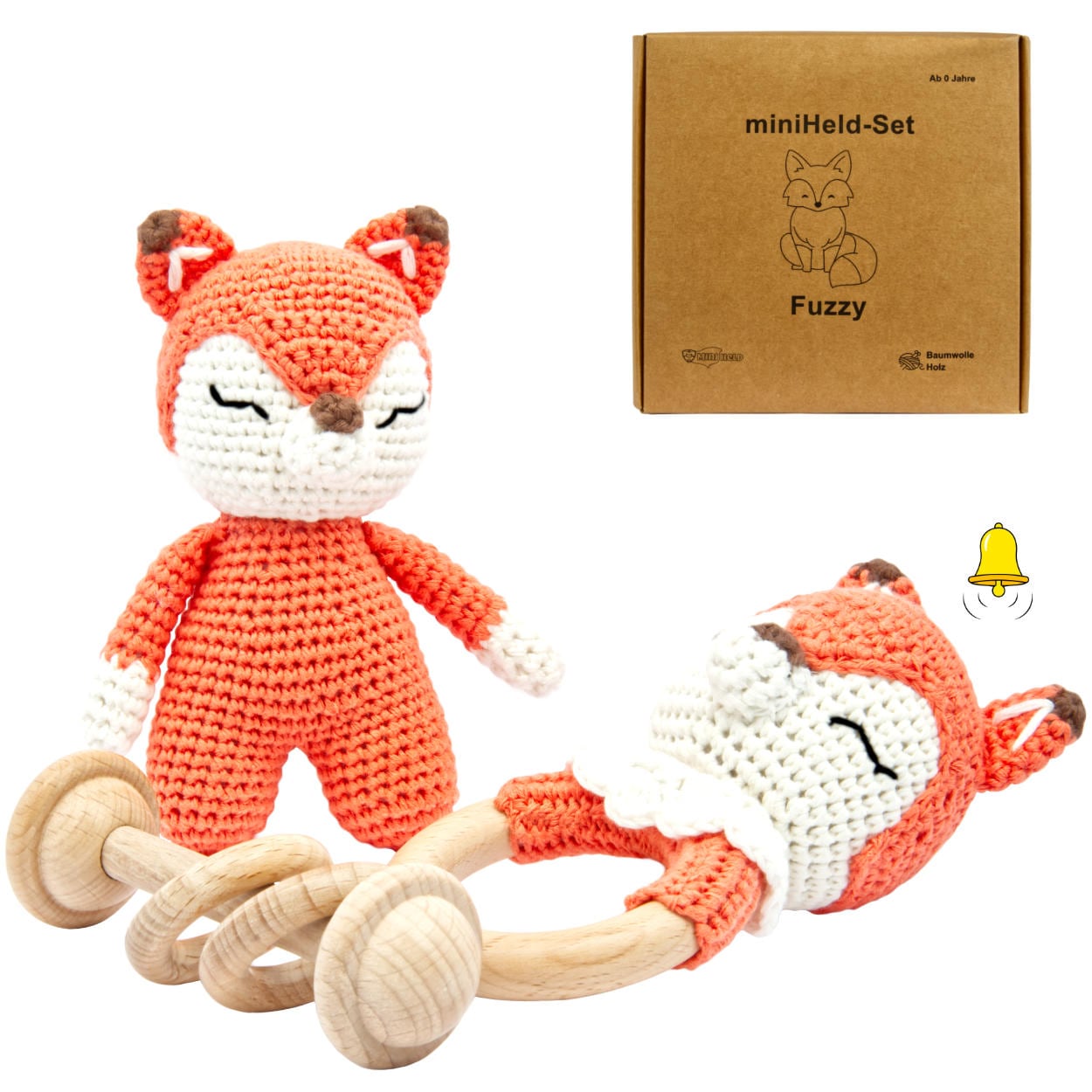 miniHeld Handgestrickter Fuchs Fuzzy Set Babyrassel Holz Baumwolle 15 cm 