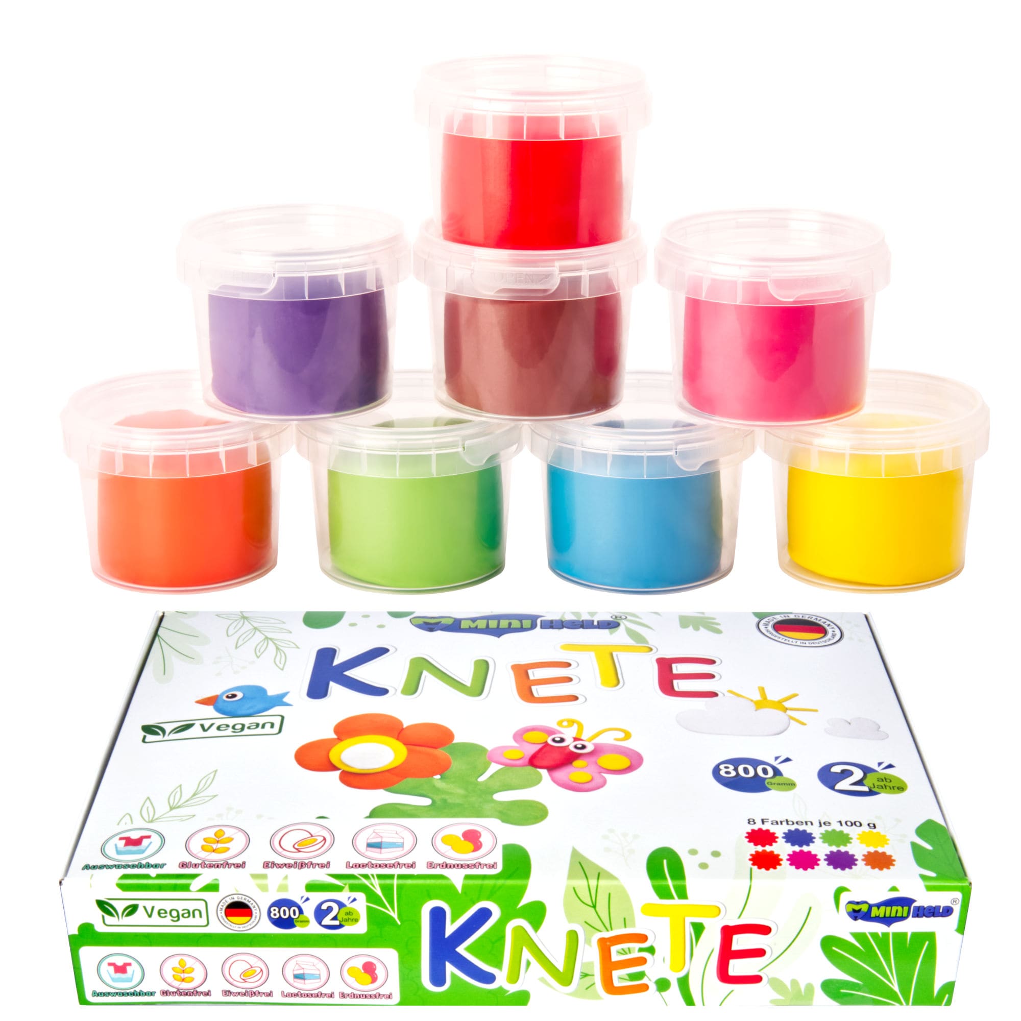 miniHeld Knete f&uuml;r Kinder 800g Vegan Knete Set in 8 verschiedenen Farben ab 2J 