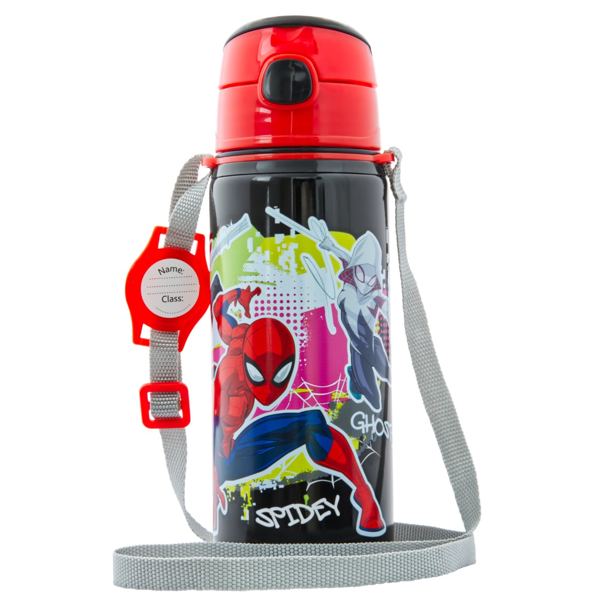 miniHeld Kinder Trinkflasche Spiderman 600ml Schwarz Tragegurt Alu Marvel Held 