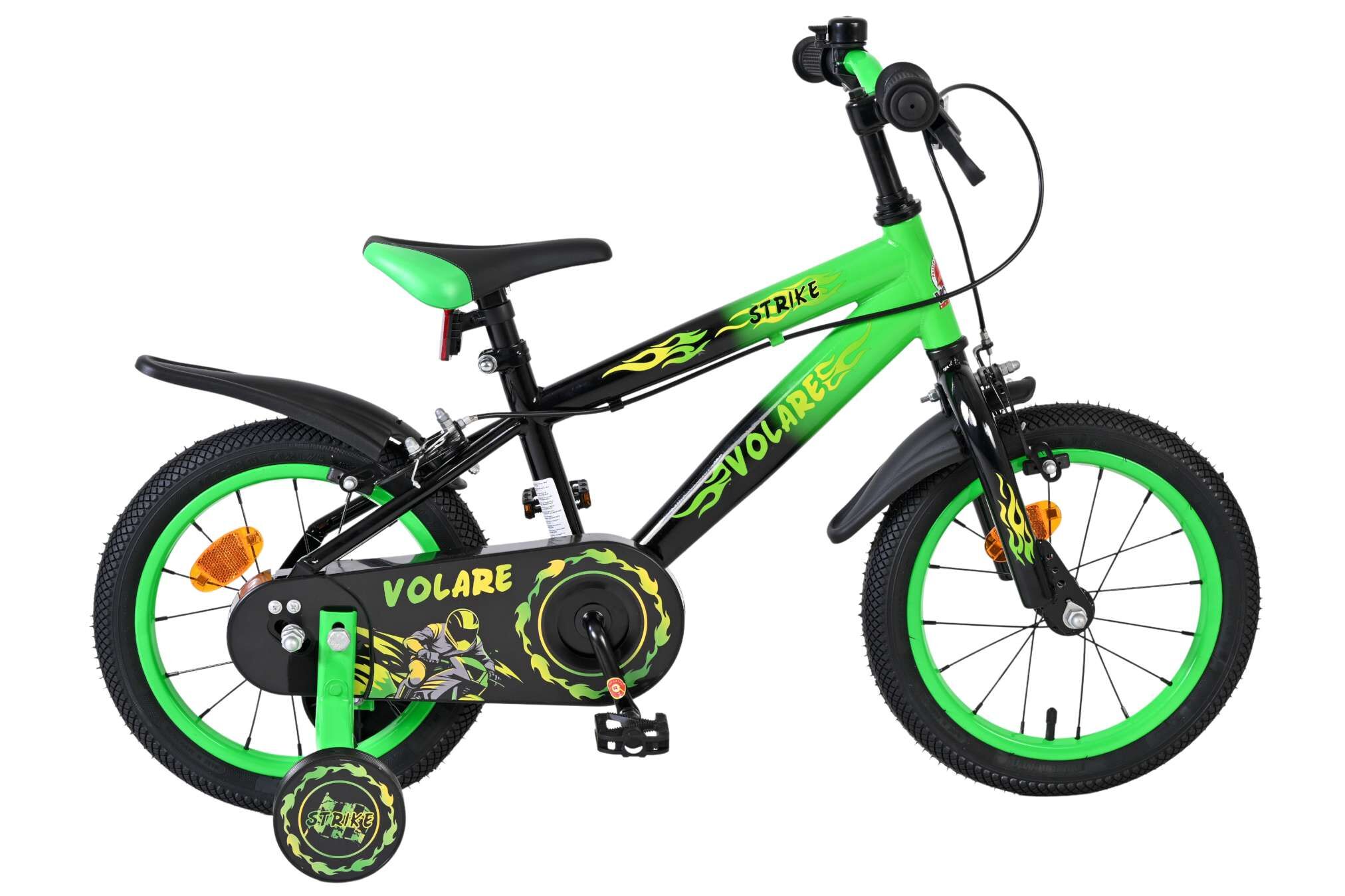 Volare Kinderfahrrad Strike f&uuml;r Jungen 14 Zoll Kinderrad in Schwarz Gr&uuml;n, Zwei Handbremsen 