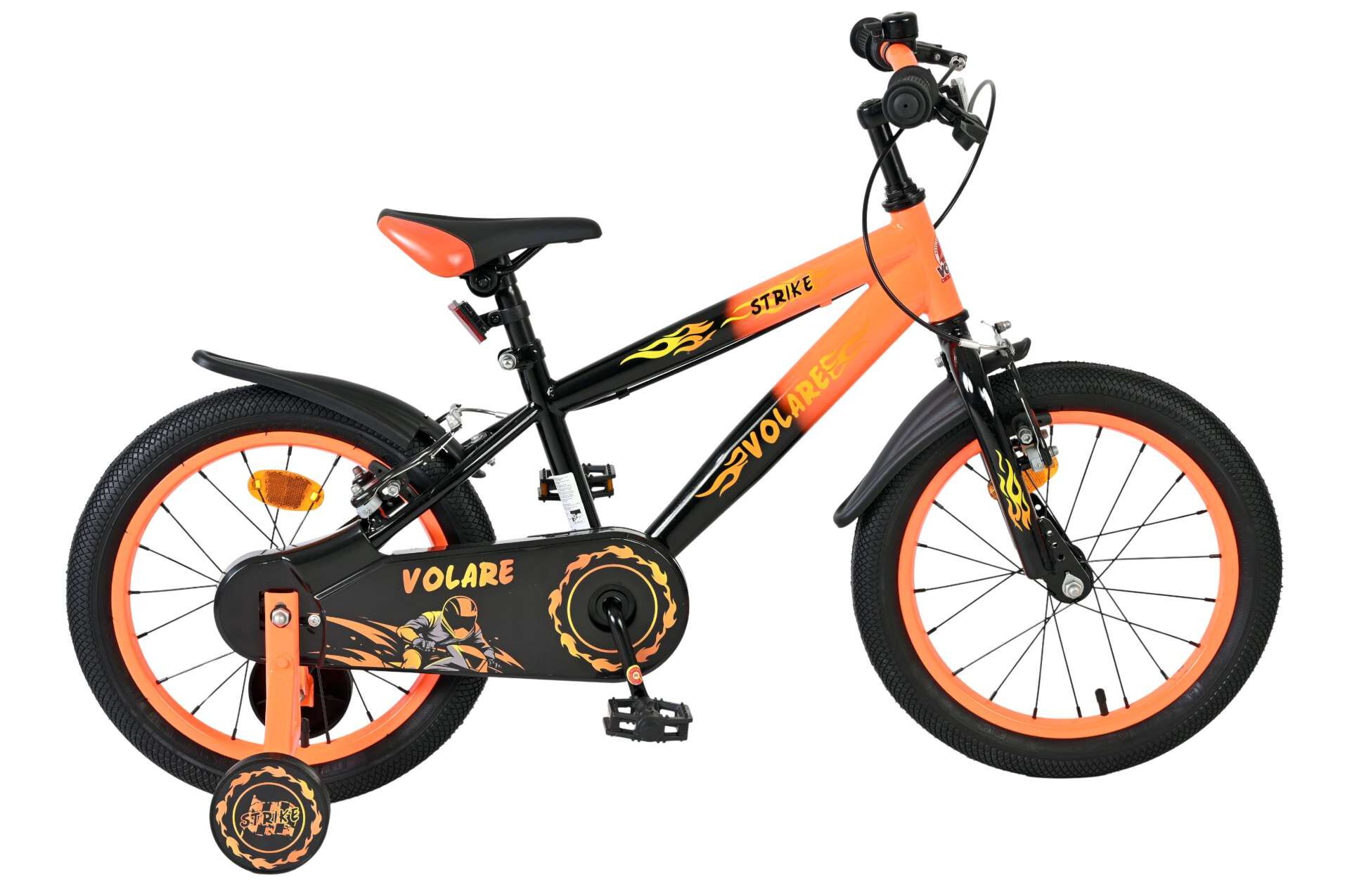 Volare Kinderfahrrad Strike f&uuml;r Jungen 16 Zoll Kinderrad in Schwarz-Orange, Zwei Handbremsen 