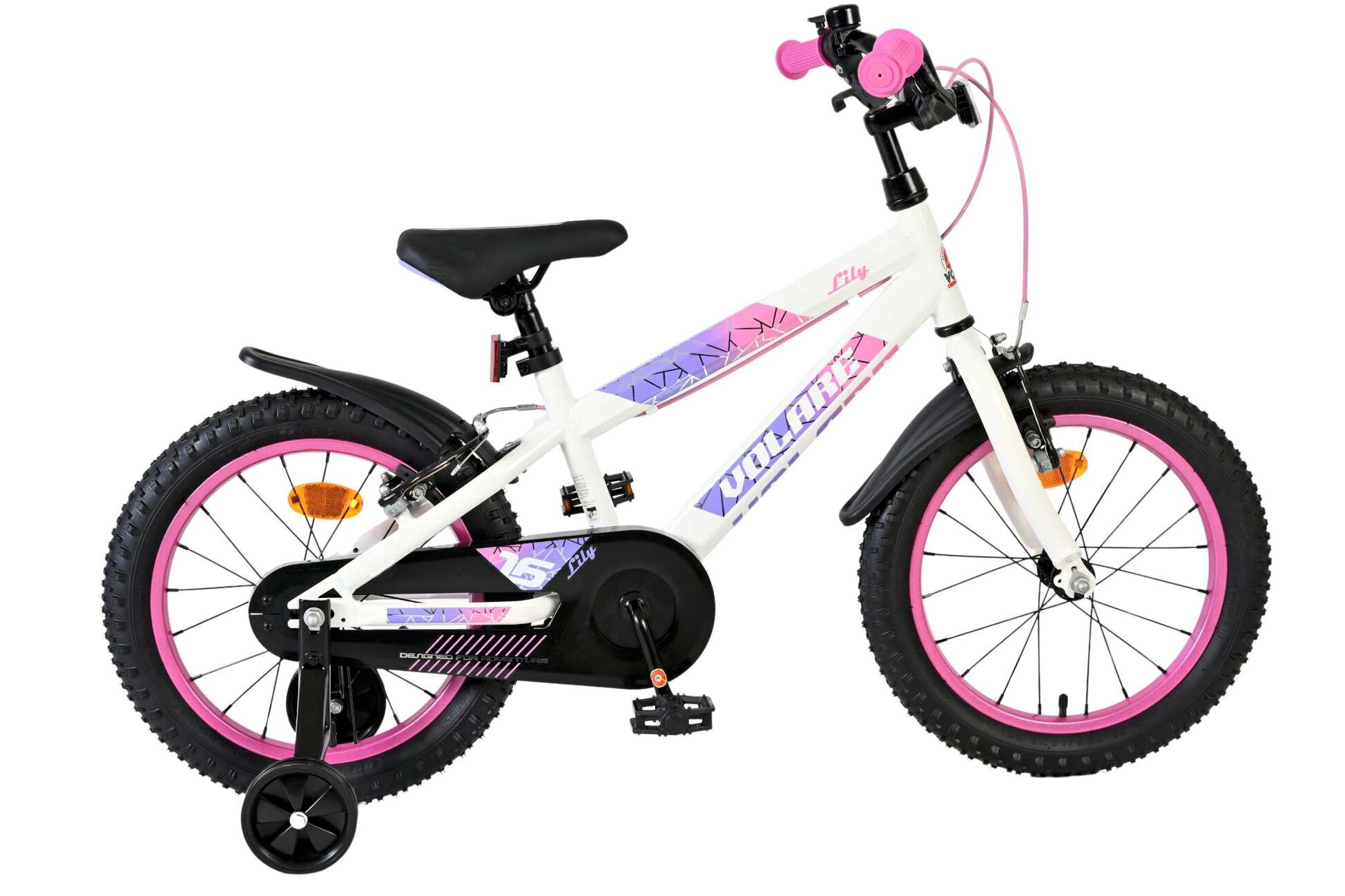 Volare Kinderfahrrad Lily f&uuml;r M&auml;dchen 16 Zoll Kinderrad in Wei&szlig; Rosa Lila, Zwei Handbremsen 