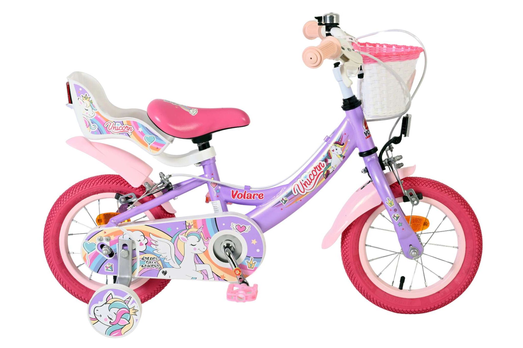 Volare Kinderfahrrad Unicorn f&uuml;r M&auml;dchen 12 Zoll Kinderrad in Lila, Zwei Handbremsen 