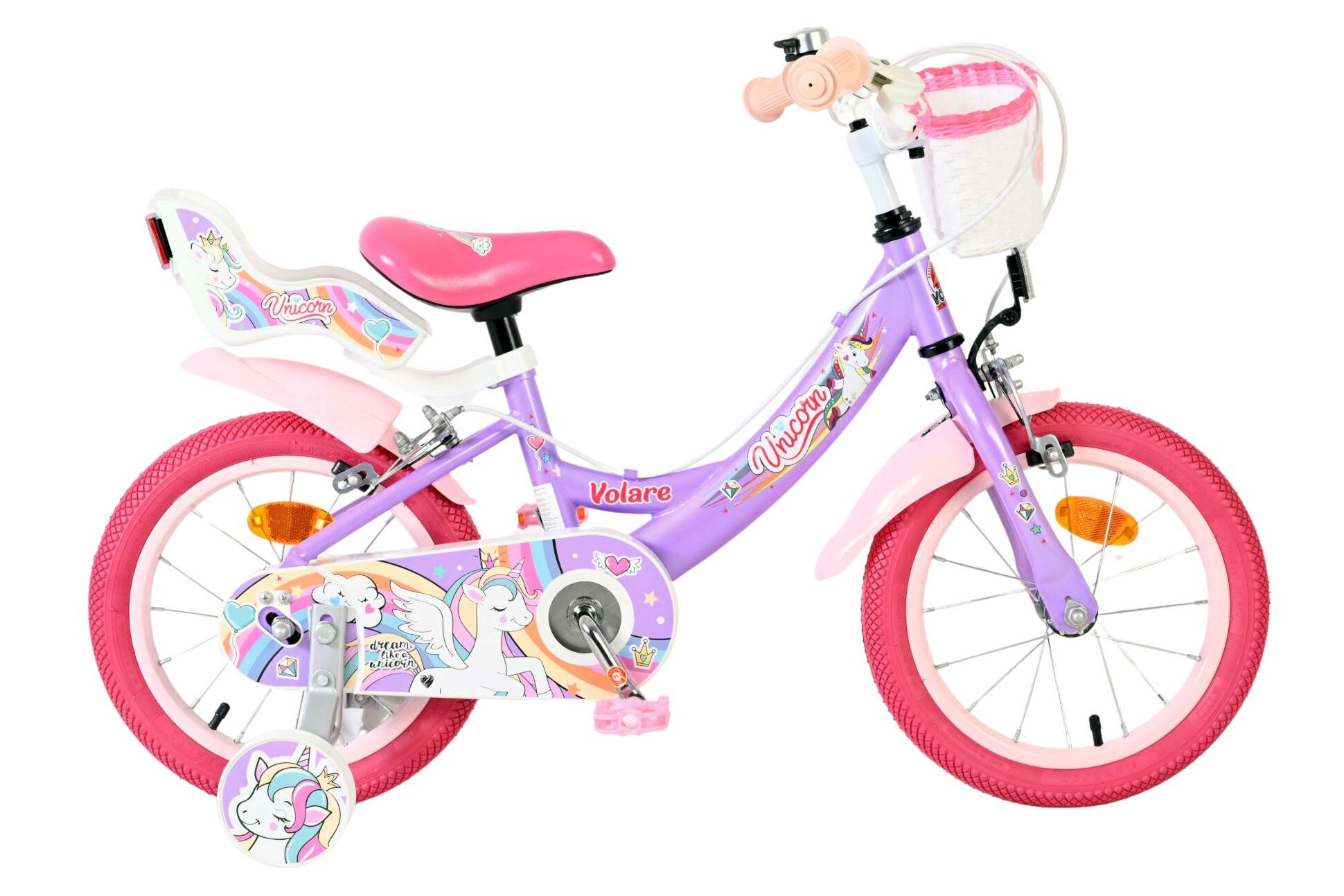 Volare Kinderfahrrad Unicorn f&uuml;r M&auml;dchen 14 Zoll Kinderrad in Lila, Zwei Handbremsen 