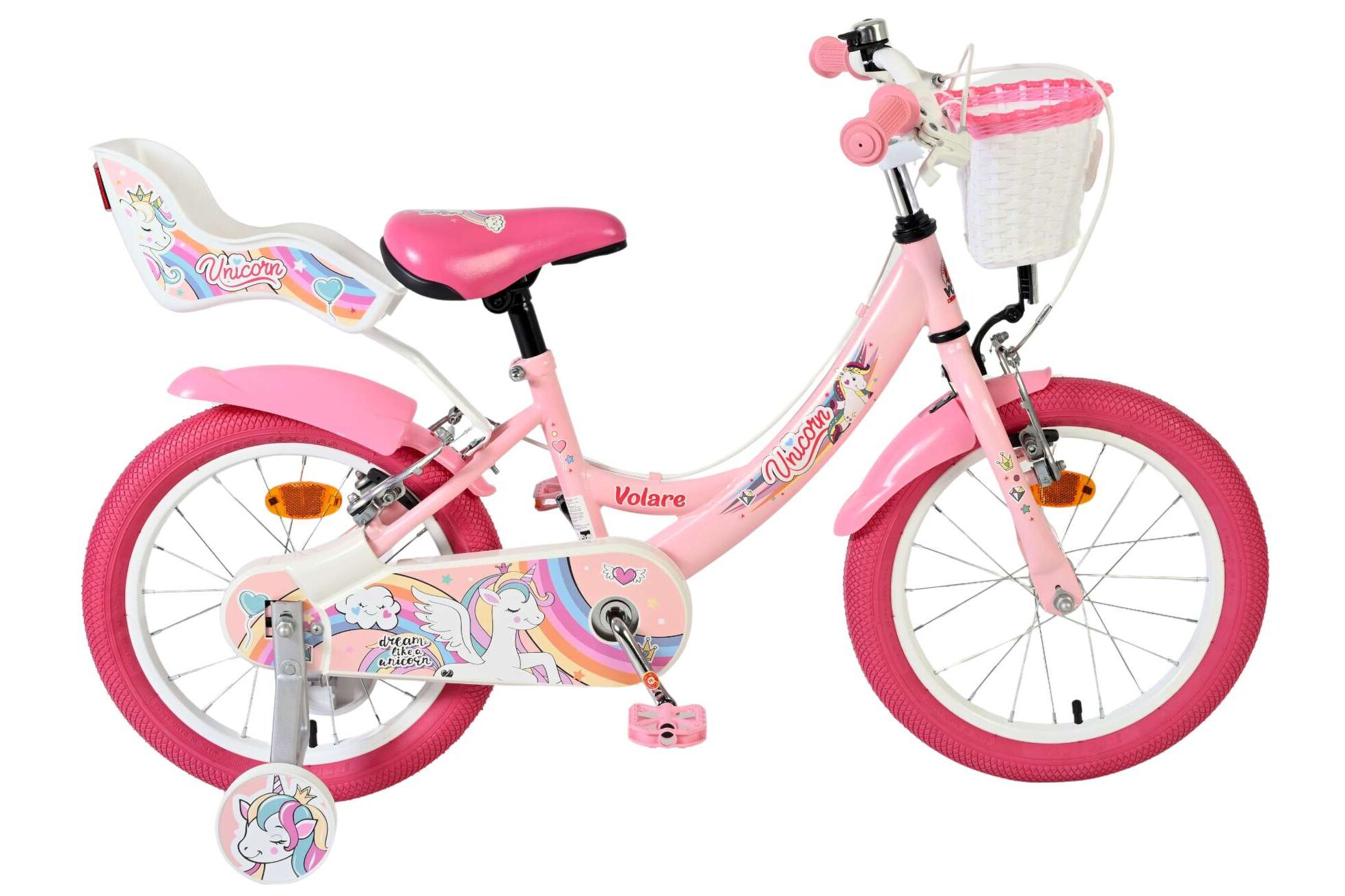 Volare Kinderfahrrad Unicorn f&uuml;r M&auml;dchen 16 Zoll Kinderrad in Rosa, Zwei Handbremsen 