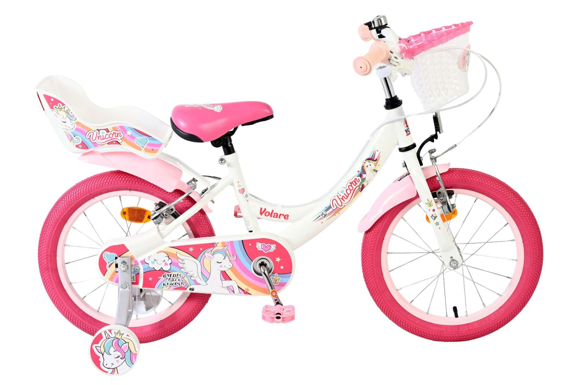 Volare Kinderfahrrad Unicorn f&uuml;r M&auml;dchen 16 Zoll Kinderrad in Wei&szlig;, Zwei Handbremsen 