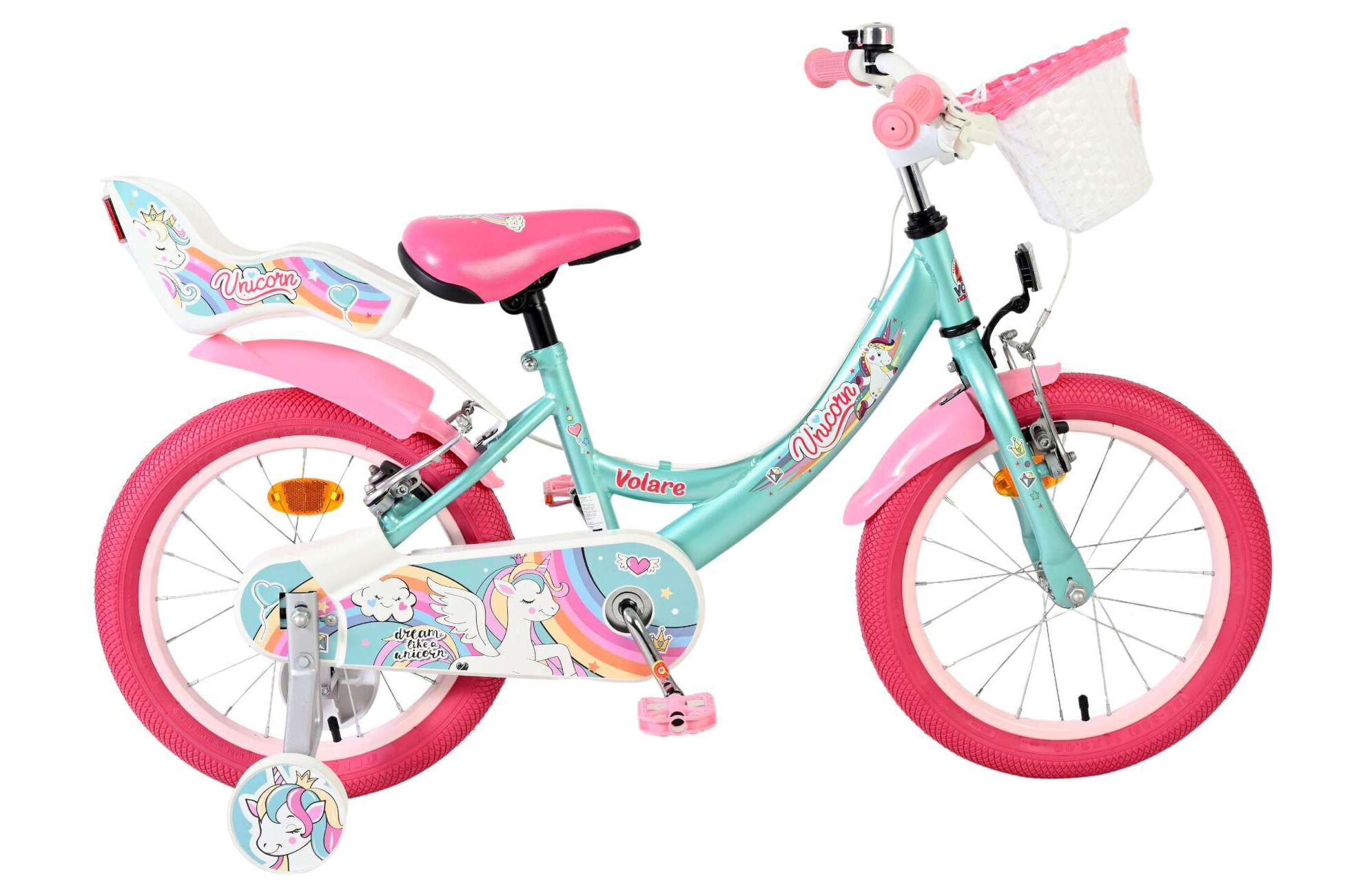 Volare Kinderfahrrad Unicorn f&uuml;r M&auml;dchen 16 Zoll Kinderrad in Gr&uuml;n, Zwei Handbremsen 