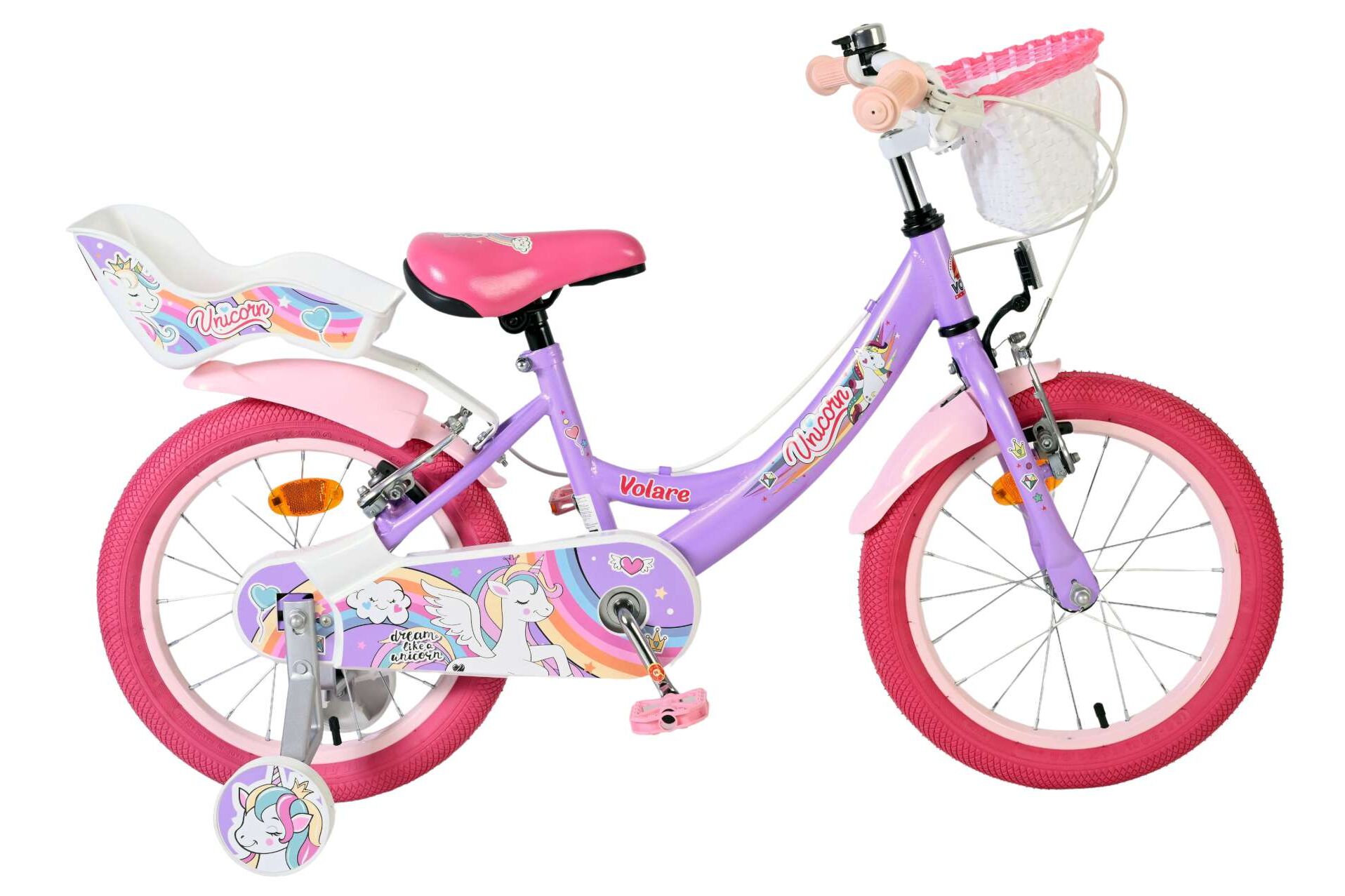 Volare Kinderfahrrad Unicorn f&uuml;r M&auml;dchen 16 Zoll Kinderrad in Lila, Zwei Handbremsen 